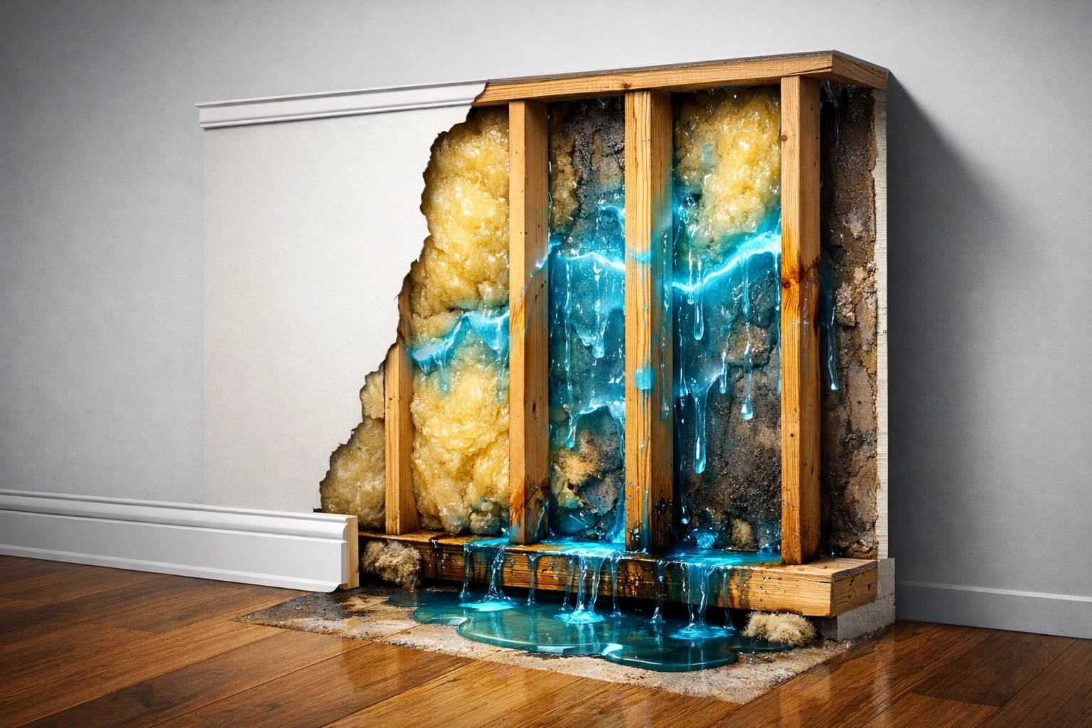 Hidden water damage spreading behind drywall and baseboards in home walls