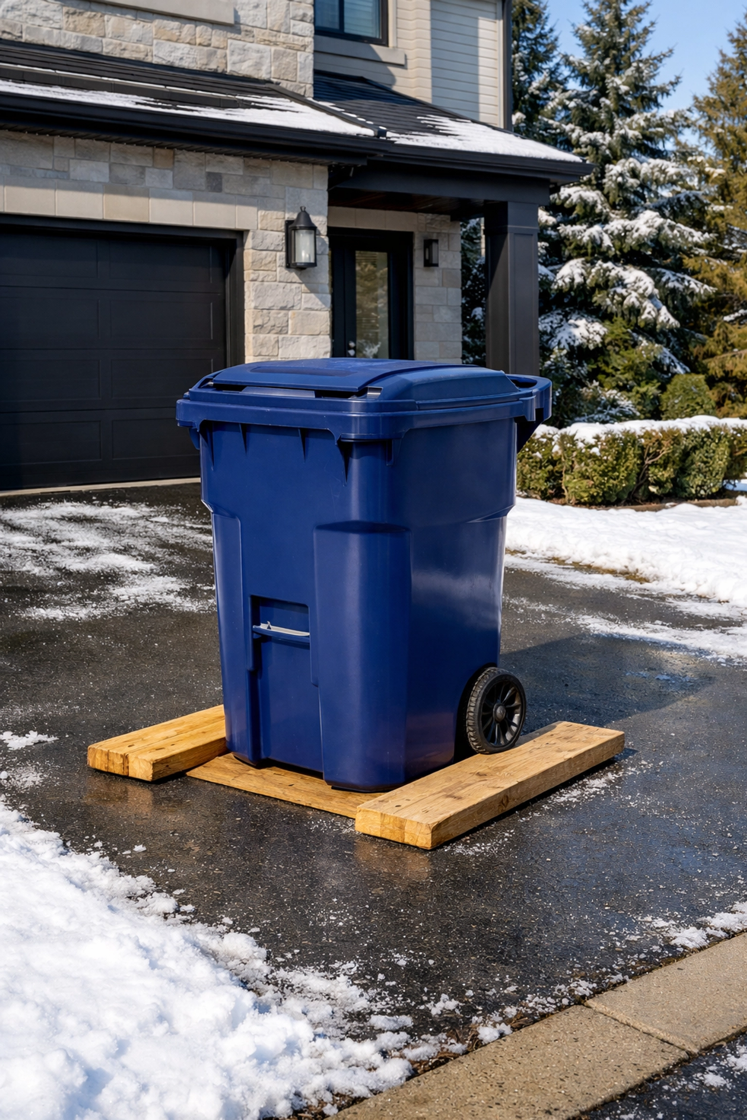 Blue bin rental on a snow-dusted driveway using wood planks for property protection in the GTA.