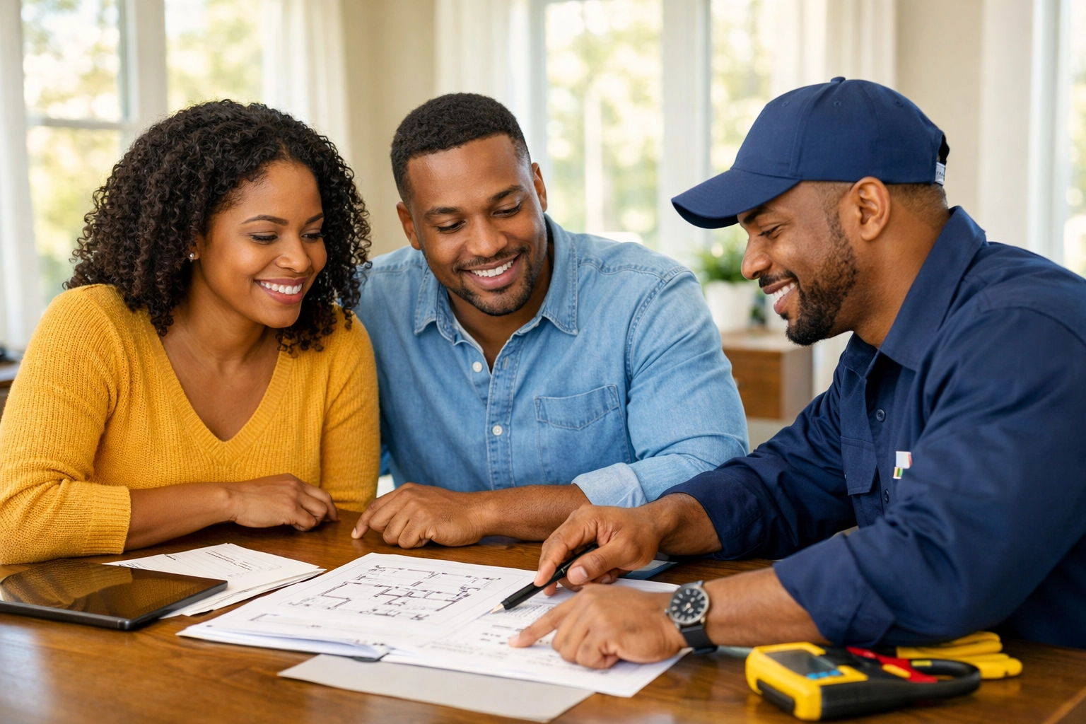Homeowners consulting with a licensed electrician to discuss electrical project plans