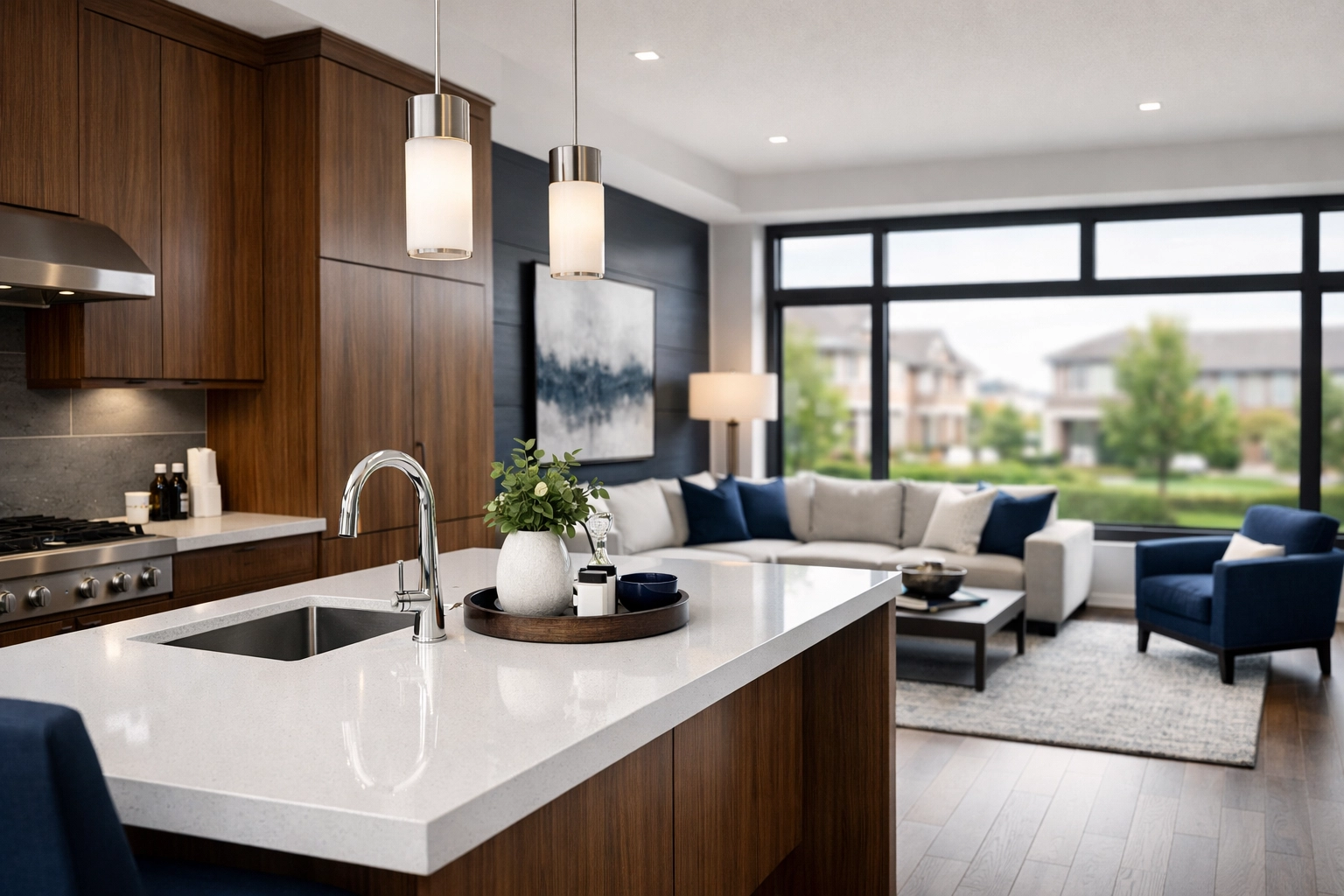 Sophisticated modern townhome interior in Vaughan featuring a high-end open-concept kitchen design.