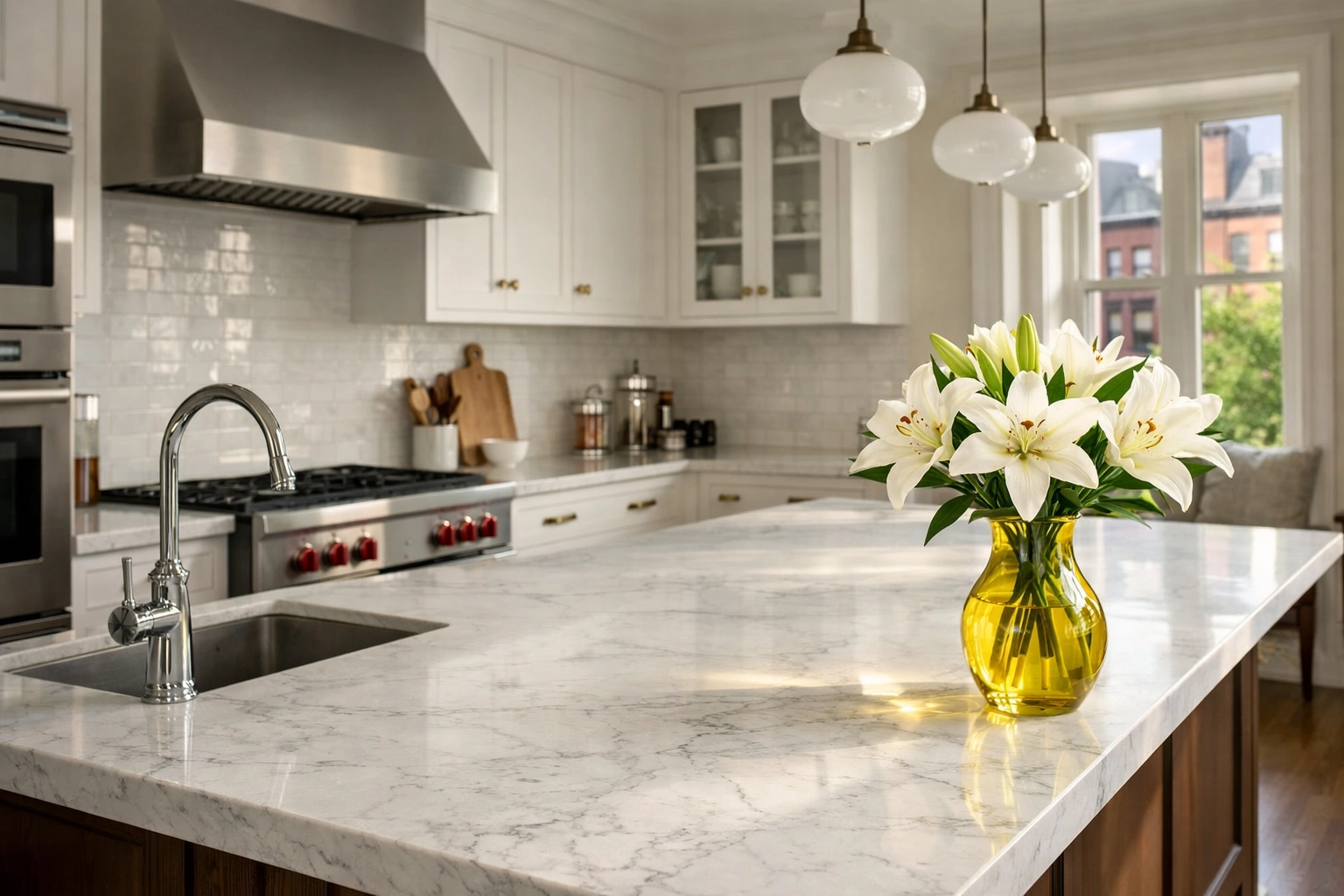 Spotless marble kitchen island in a Boston home showing efficient residential cleaning MA results.