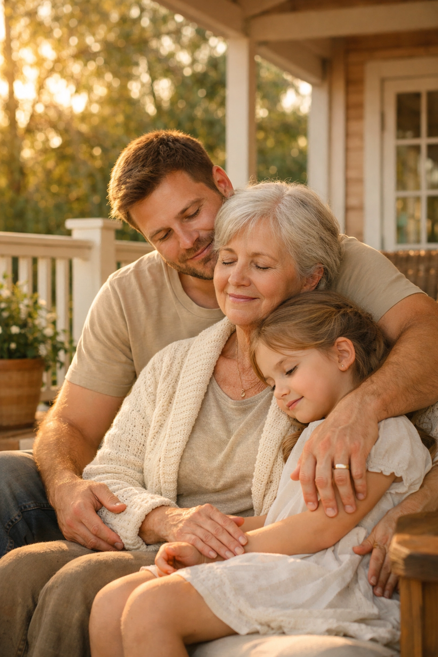 Multi-generational family on a porch, highlighting the importance of Medi-Cal asset protection for the home.
