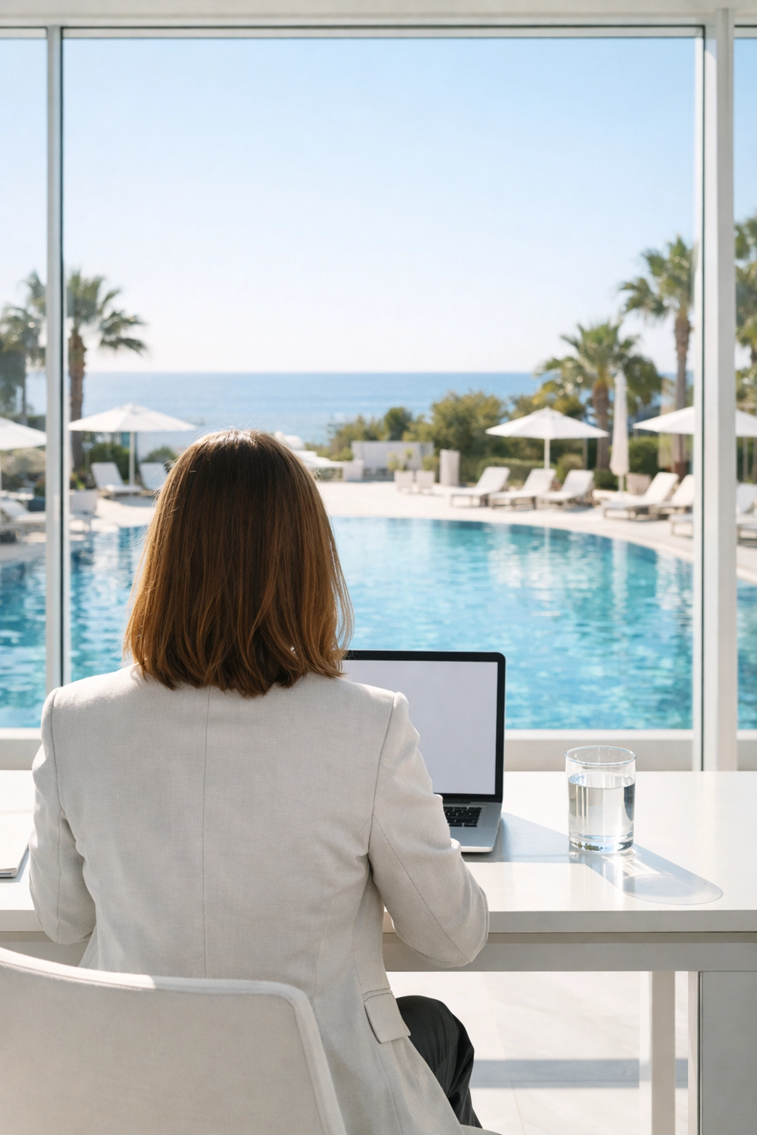 Modern office setup overlooking a pool, representing a professional pool route business exit.