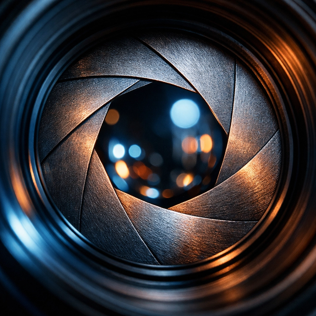 Macro photo of a camera lens aperture opening showing internal blades for manual mode control.