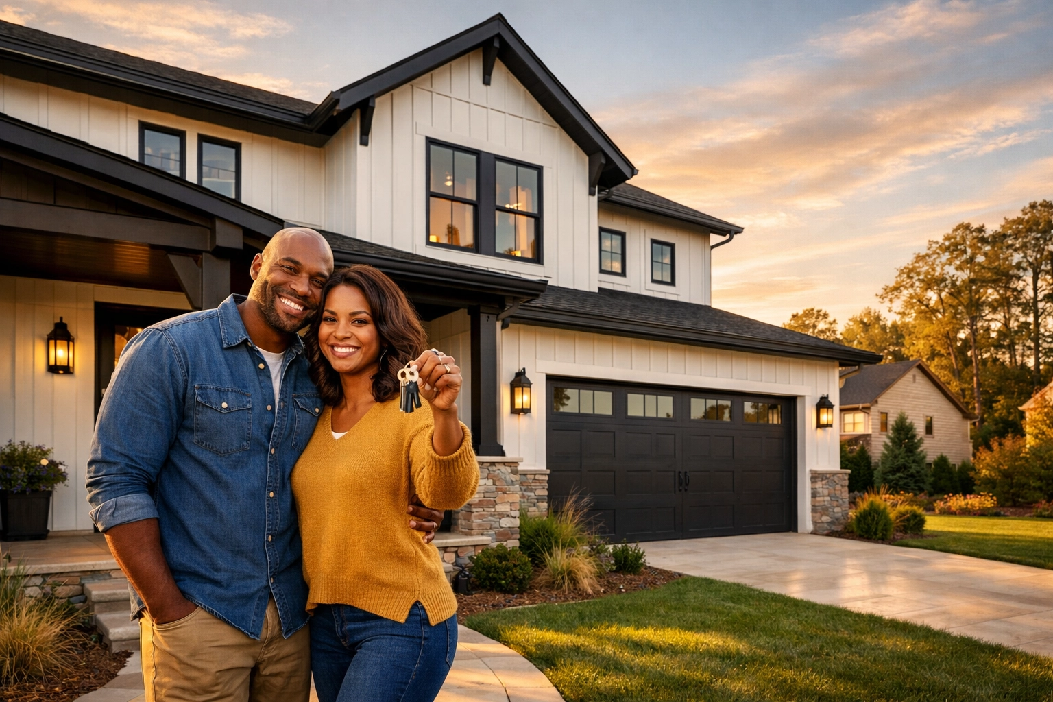 Happy diverse couple holding keys on the porch of their new modern North Carolina home.