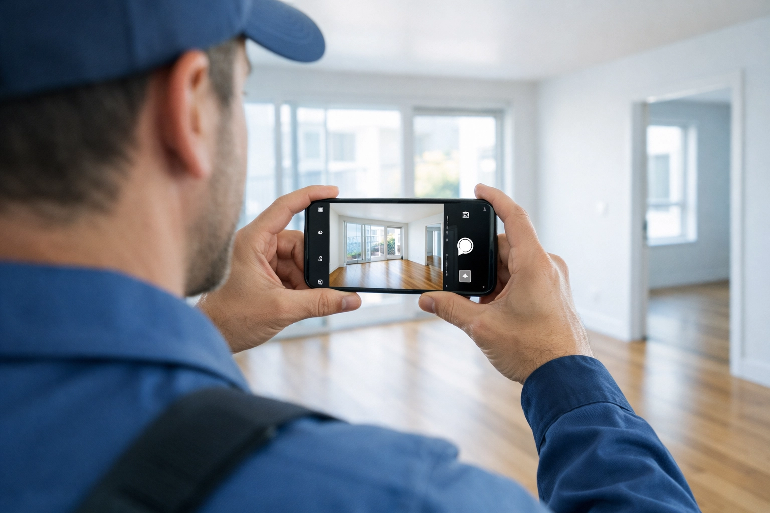Maintenance worker documenting apartment condition with smartphone for turnover records