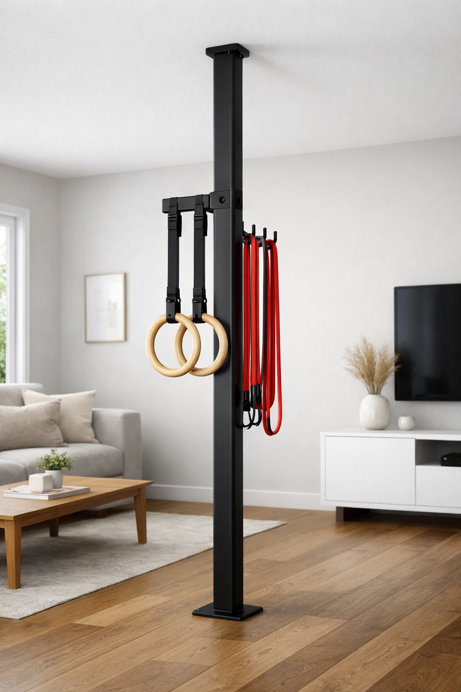 Floor to ceiling gym Resistance Rail system for a full body workout at home with no wall damage.