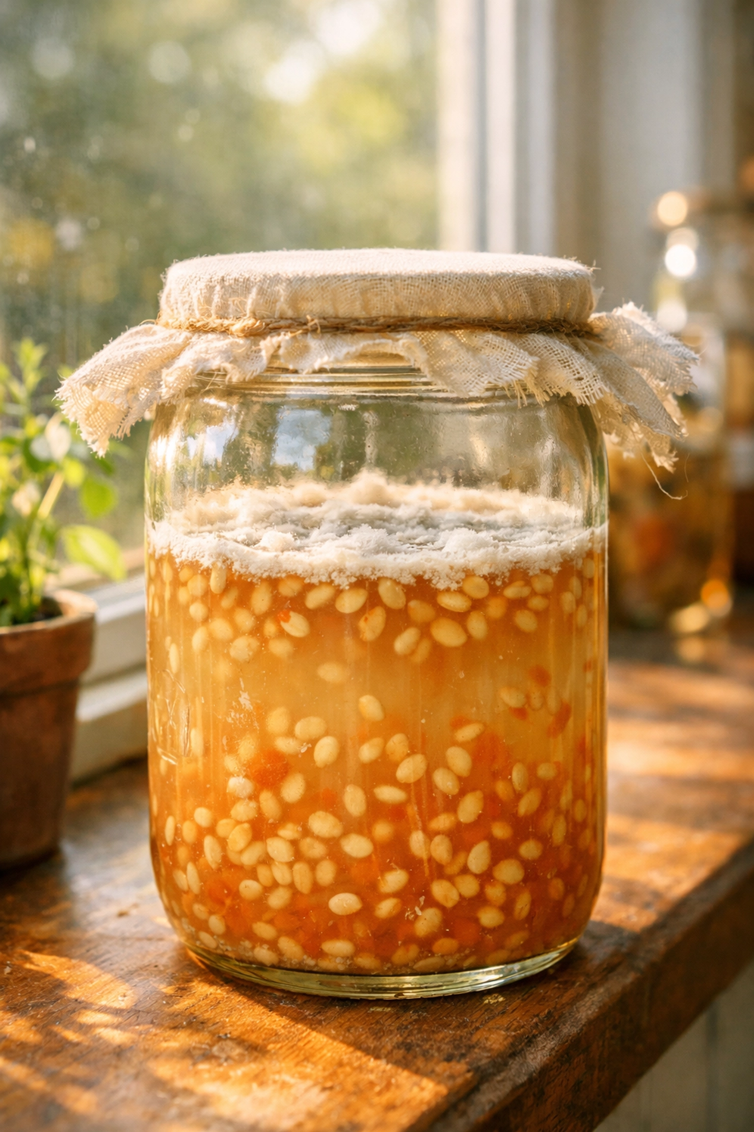 Fermenting tomato seeds in a mason jar on a sunny windowsill
