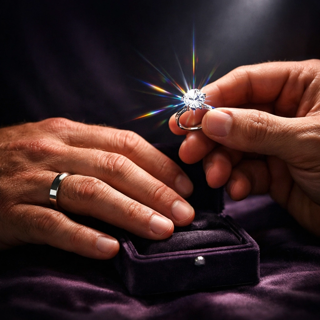 Gay couple exchanging diamond engagement ring - symbol of commitment in LGBTQ+ romance