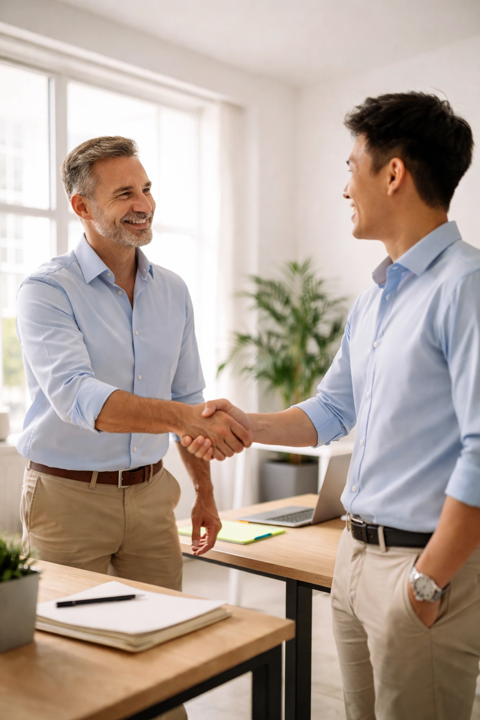Small business owner and new employee shaking hands in a bright office, illustrating hiring for WOTC credits
