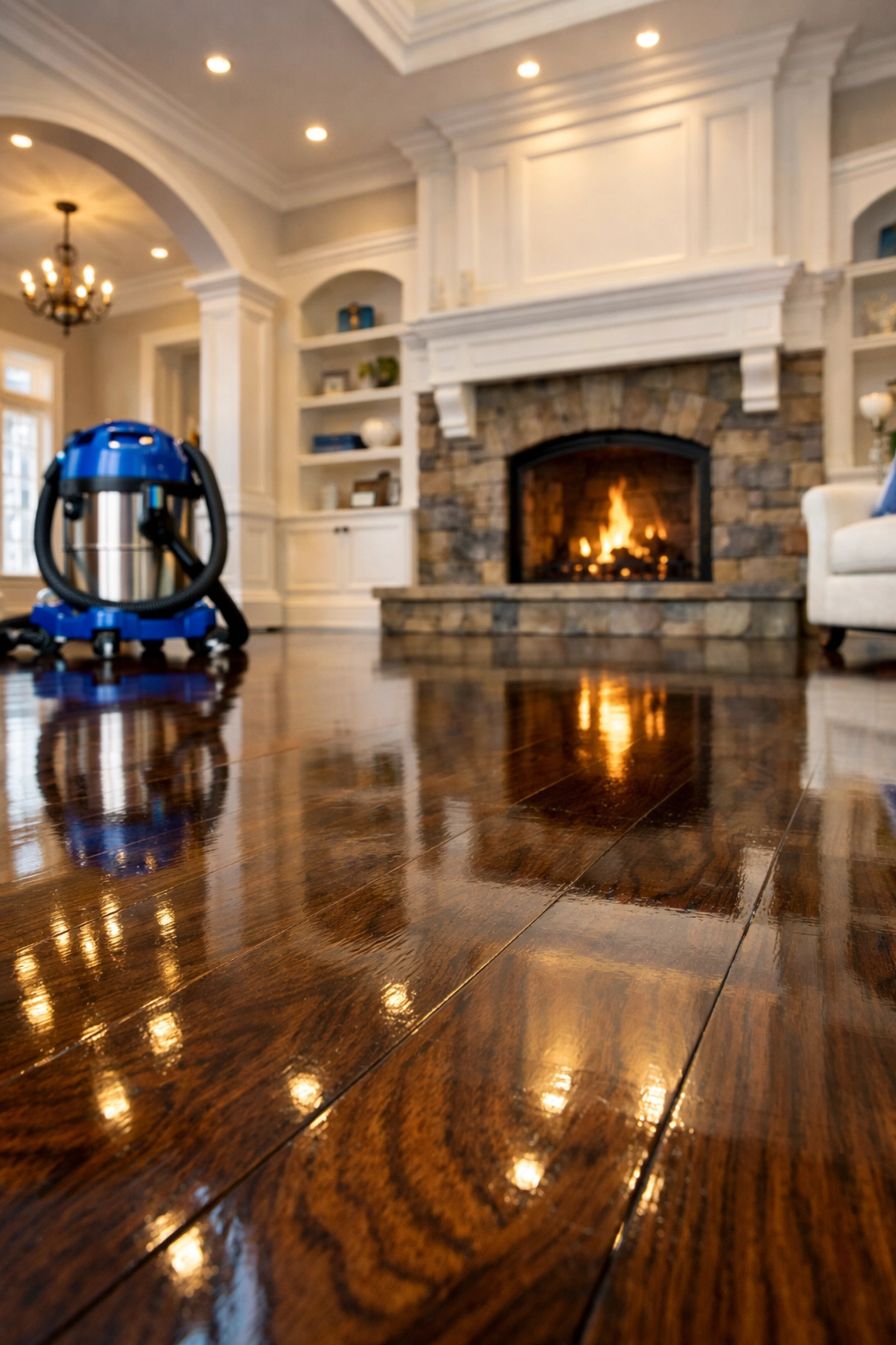 Detailed post construction cleaning of polished hardwood floors in a luxury Wellesley, Massachusetts residence.