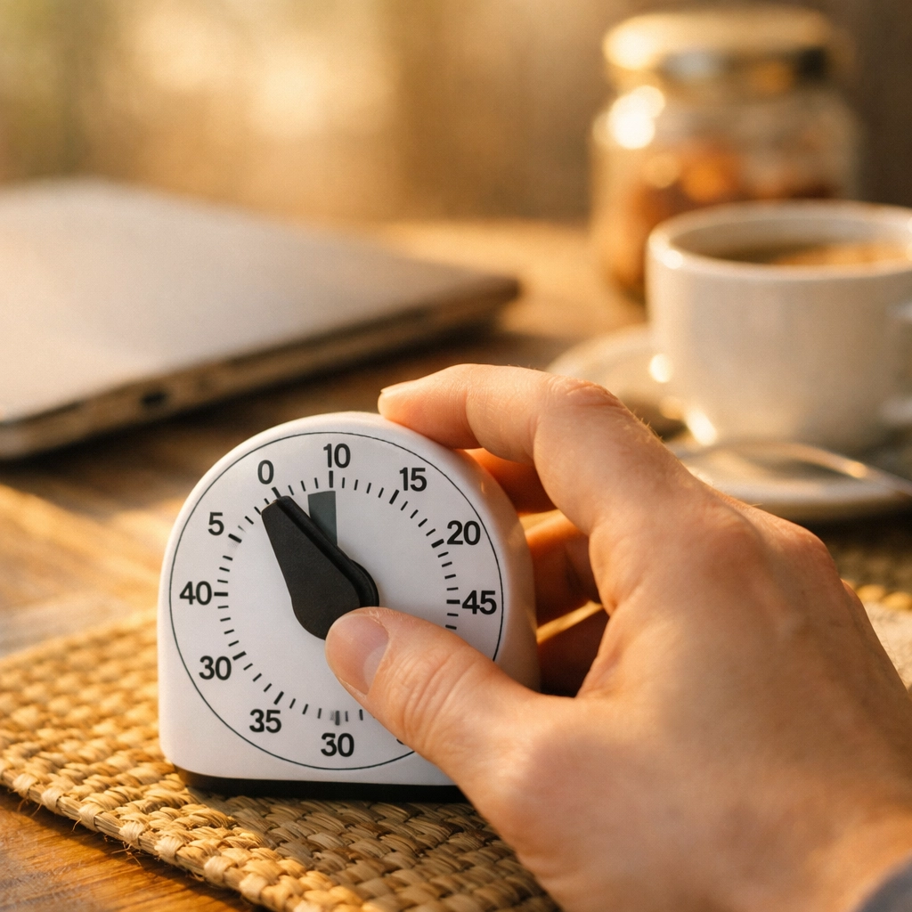 Setting a 10-minute timer for morning news consumption to maintain healthy boundaries and reduce stress