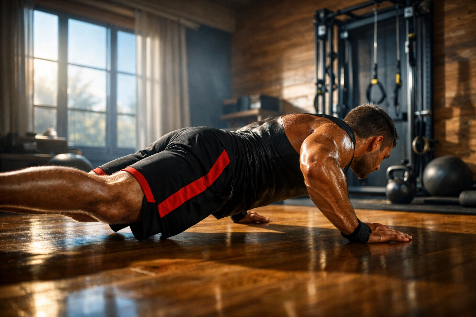 Athlete performing push-ups in minimalist home gym with bodyweight training setup