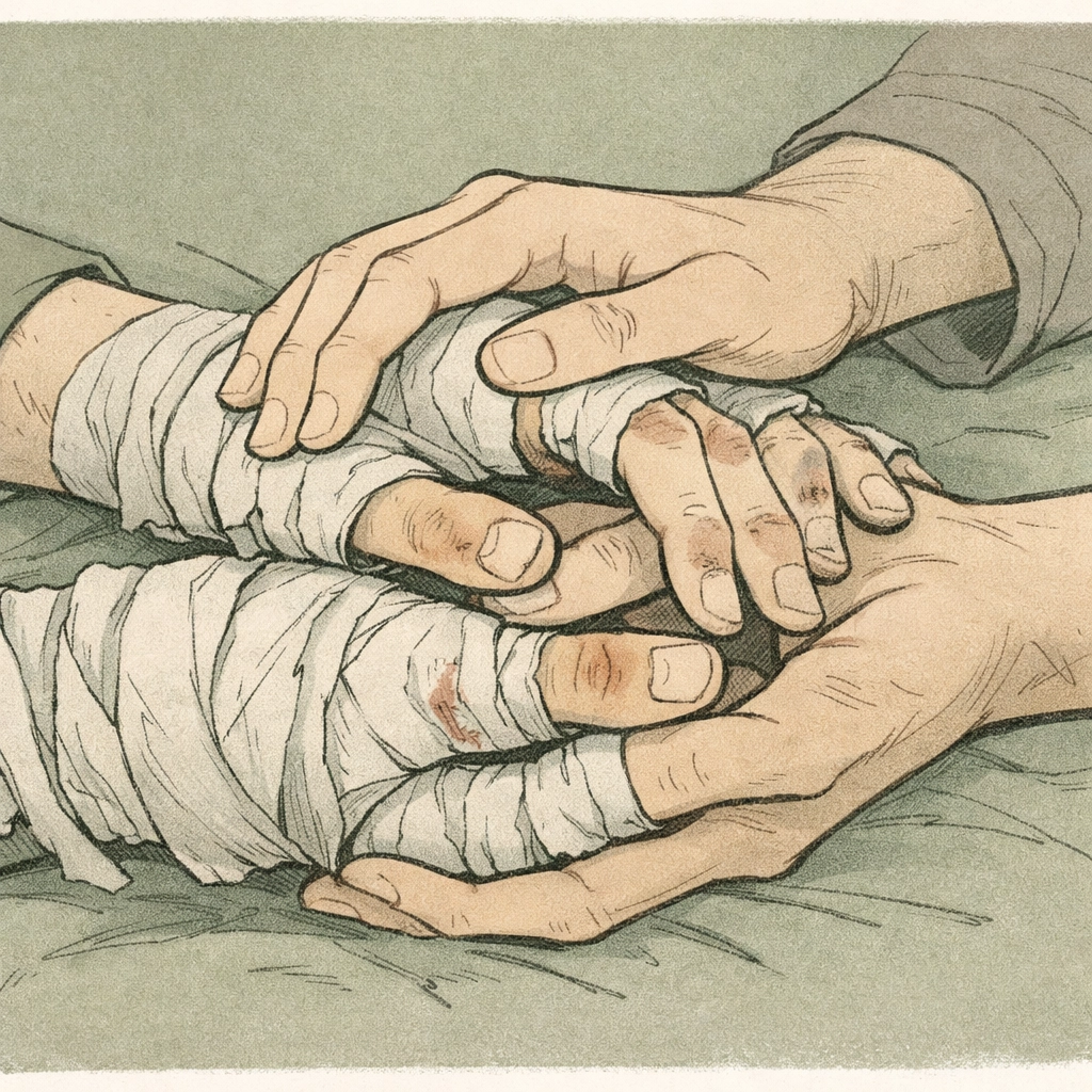 Broken hands held tenderly depicting healing in possessive MM romance