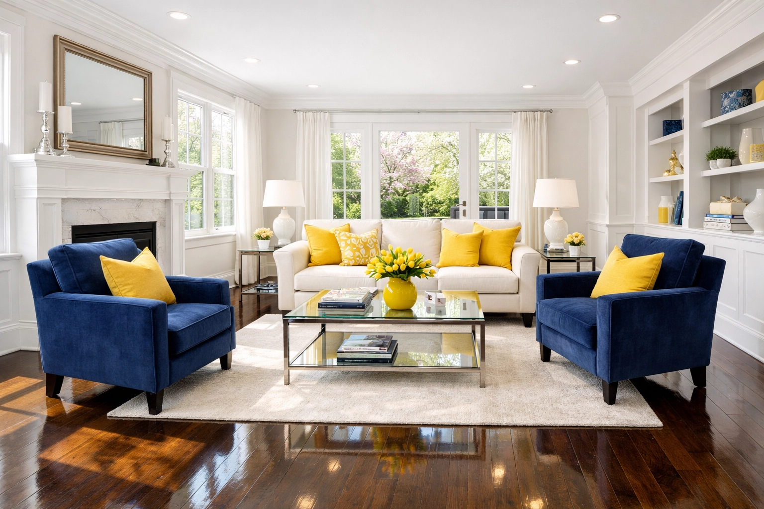 Spotless Massachusetts living room with polished hardwood floors from professional residential cleaning in Hopkinton.