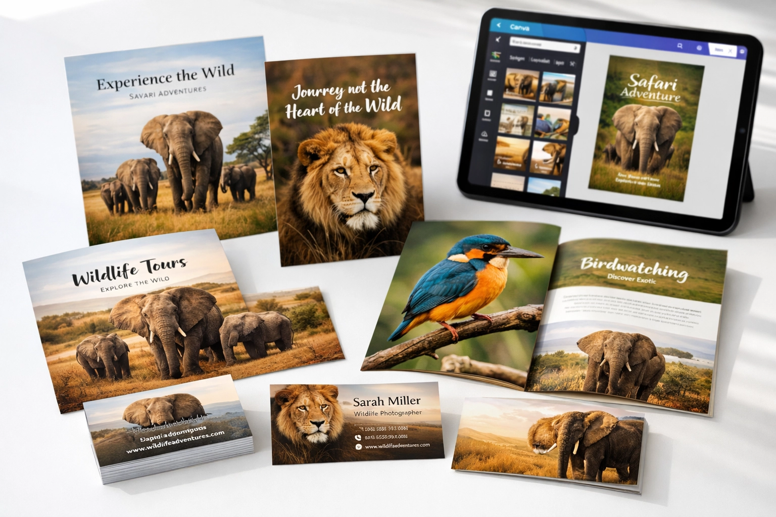 Marketing materials featuring animal photography including business cards and brochures