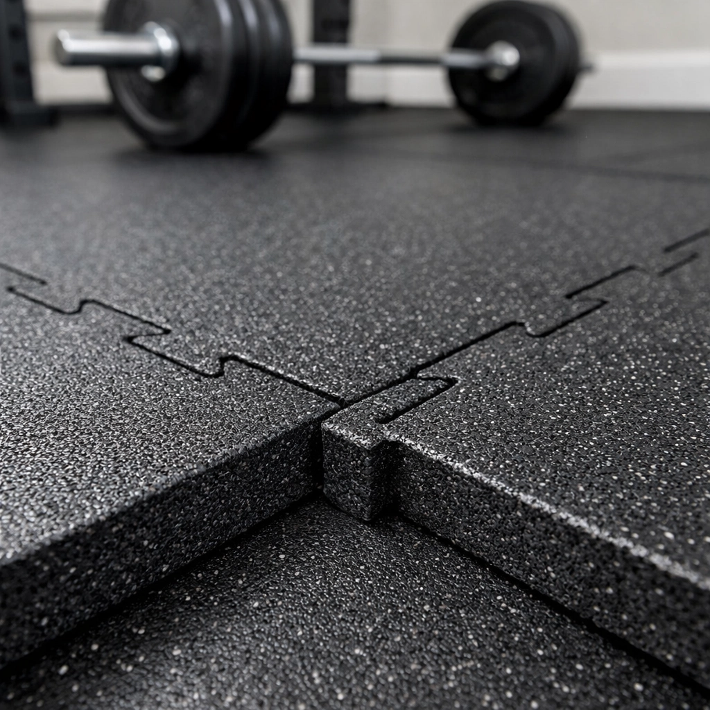 Commercial-grade rubber gym flooring mats installed in home training space with barbell
