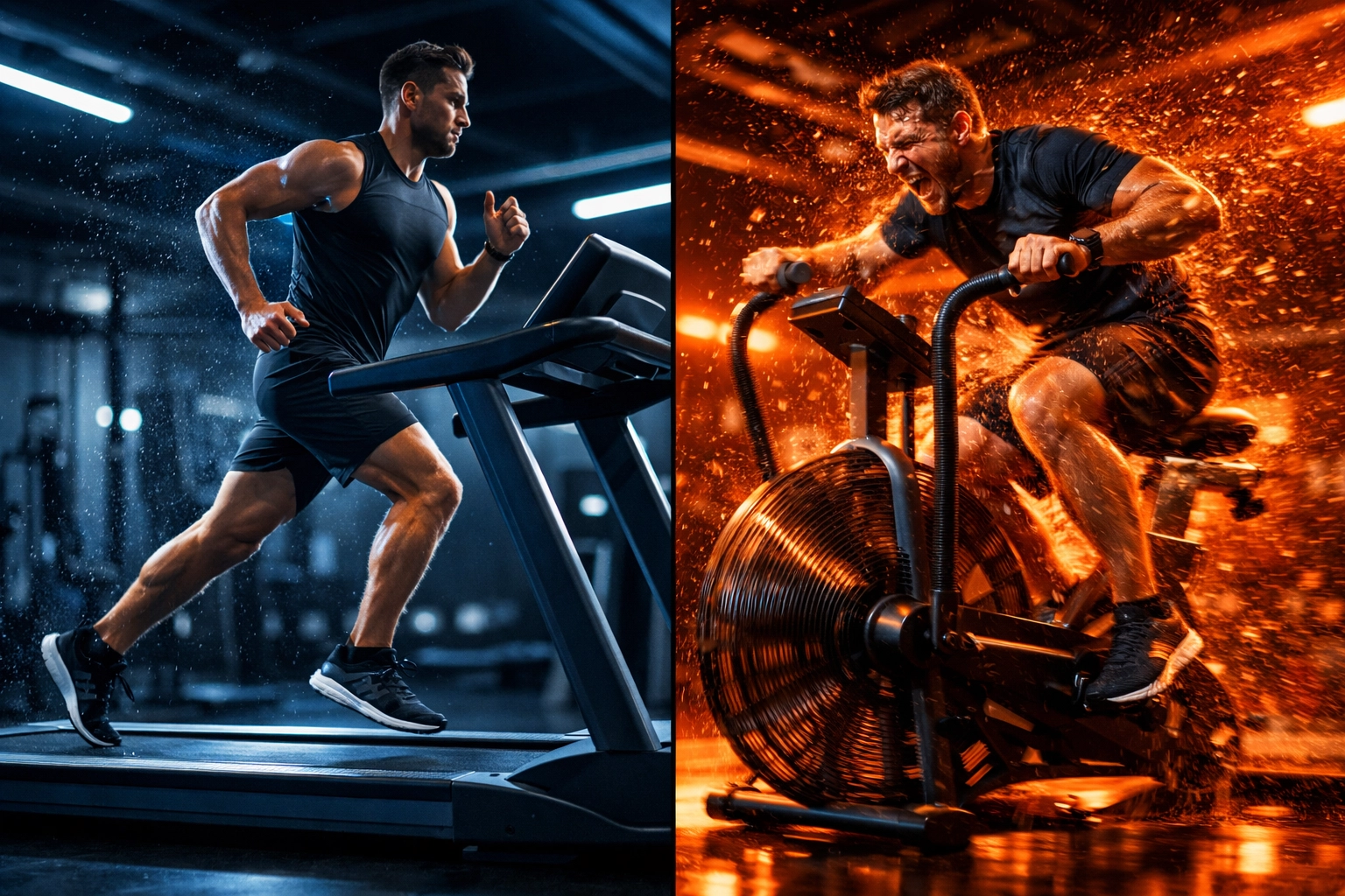 Athletes comparing treadmill running and explosive cycle sprinting for high-intensity fat loss.