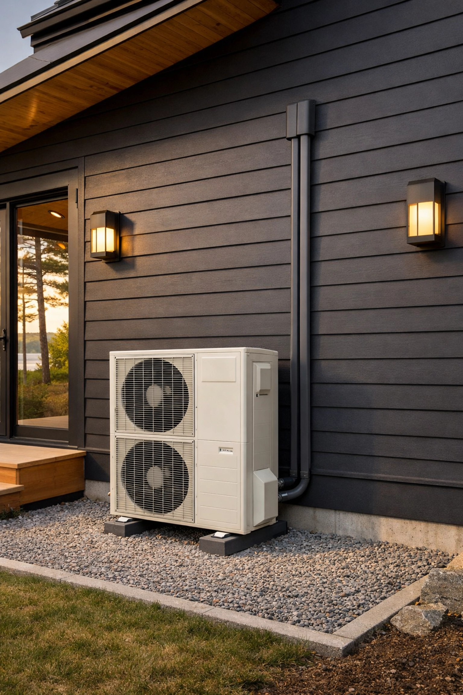 Professional outdoor heat pump condenser installation on a modern Maine home to increase property value.