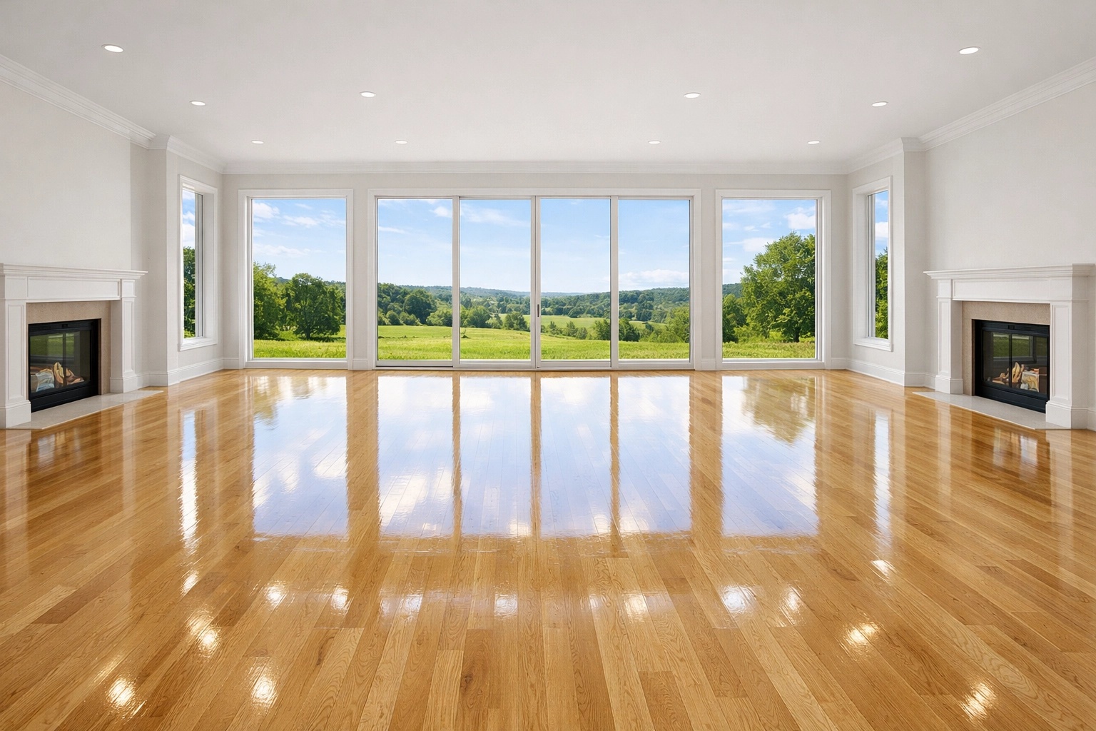 Pristine empty living room with polished floors following a move-out deep cleaning in Sharon.