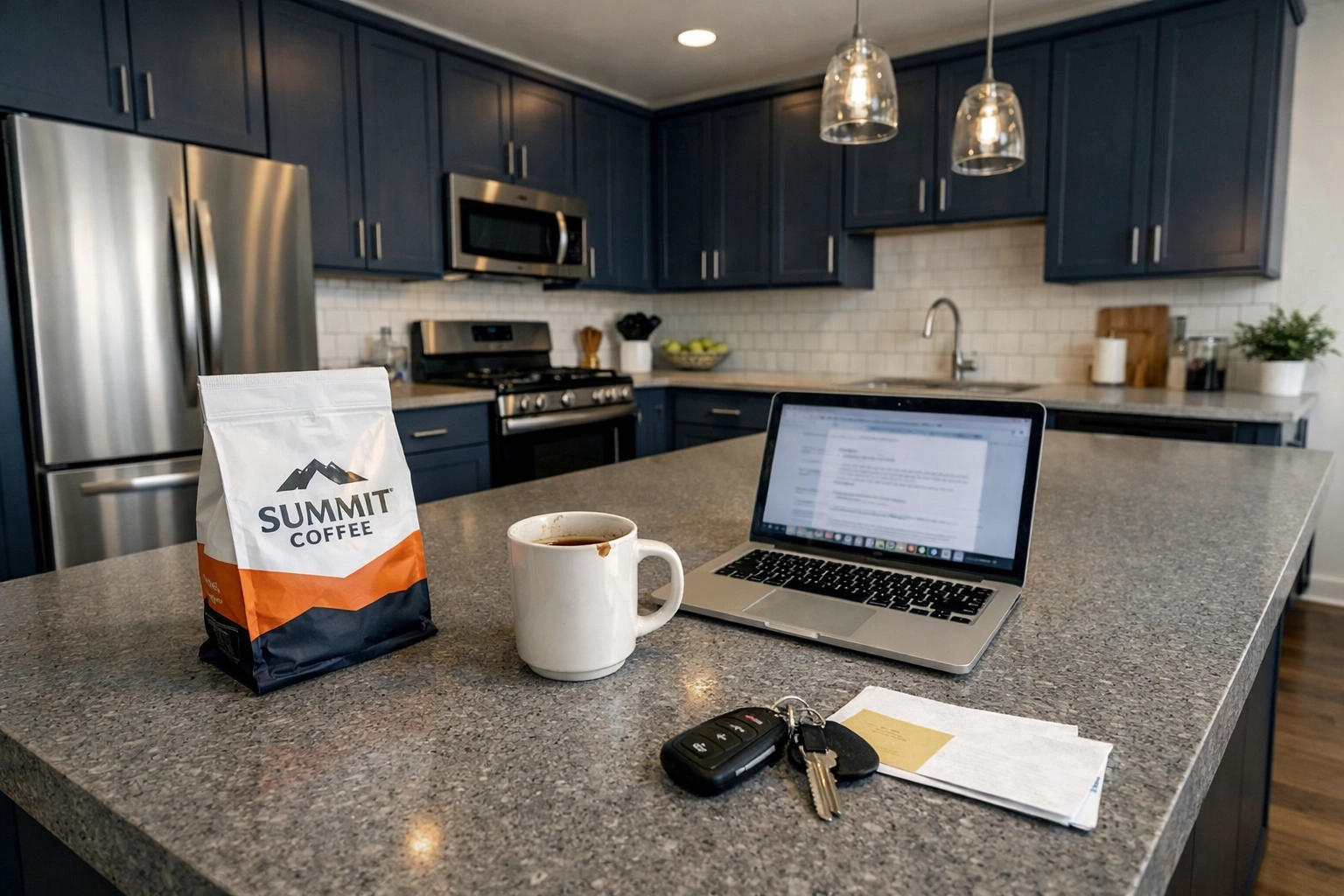 Modern shared kitchen in a Durham room for rent with a professional workspace and Summit Coffee on the island.