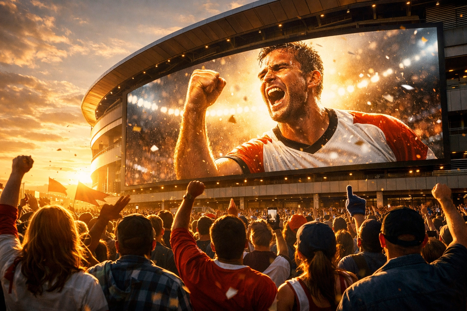 Sports fans at a stadium viewing a large-scale digital display of a professional athlete.