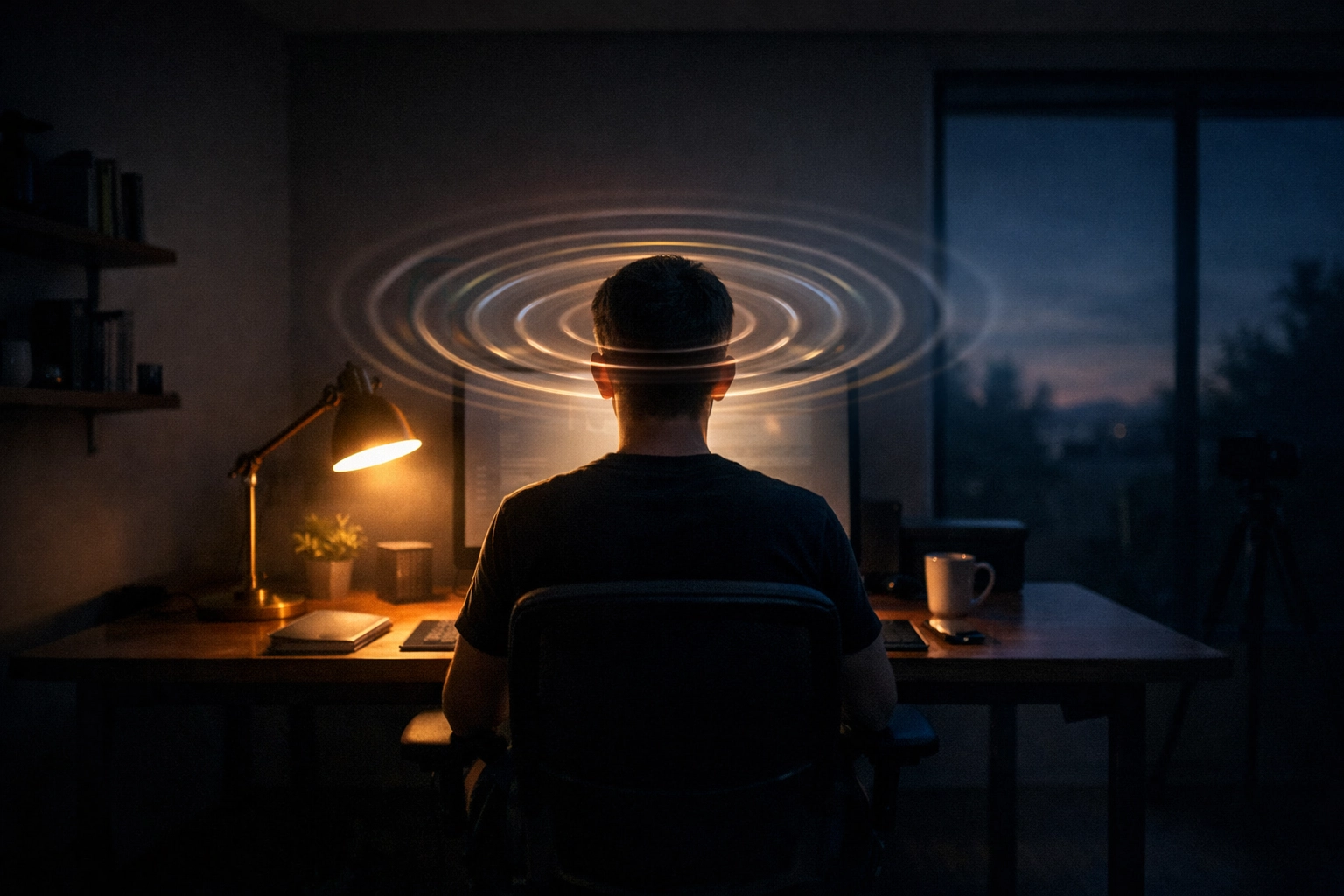 A person experiencing deep work and a calm flow state while focused at a quiet, minimalist desk.