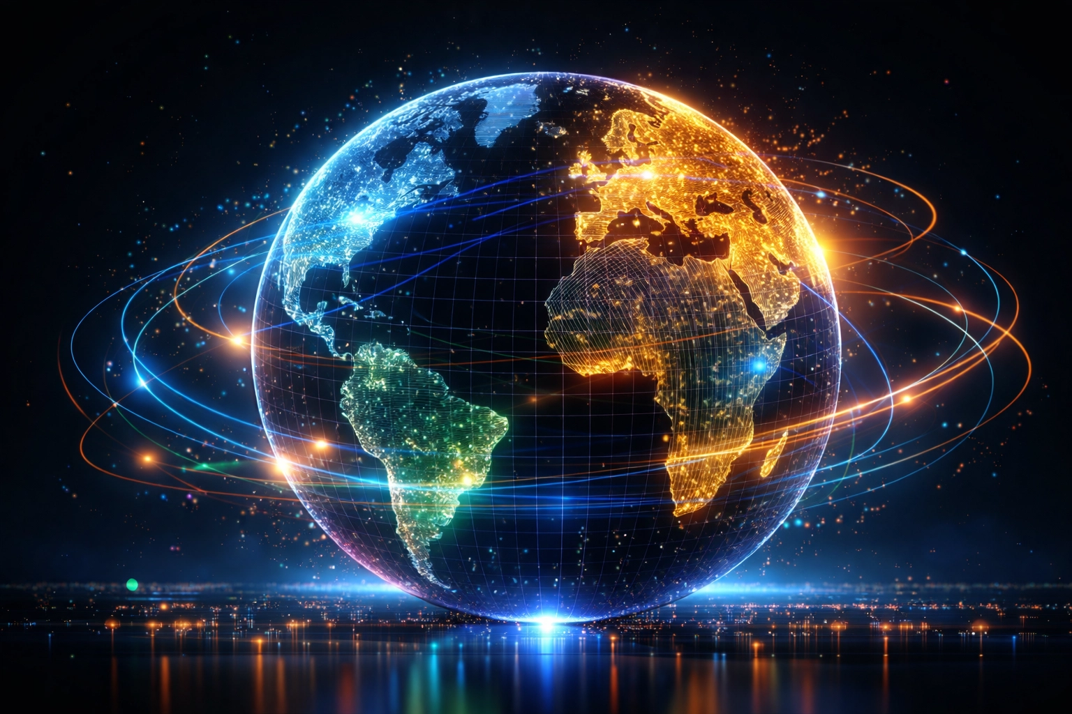 Glowing globe of financial data streams highlighting geographic diversification for hedge fund investors in 2026