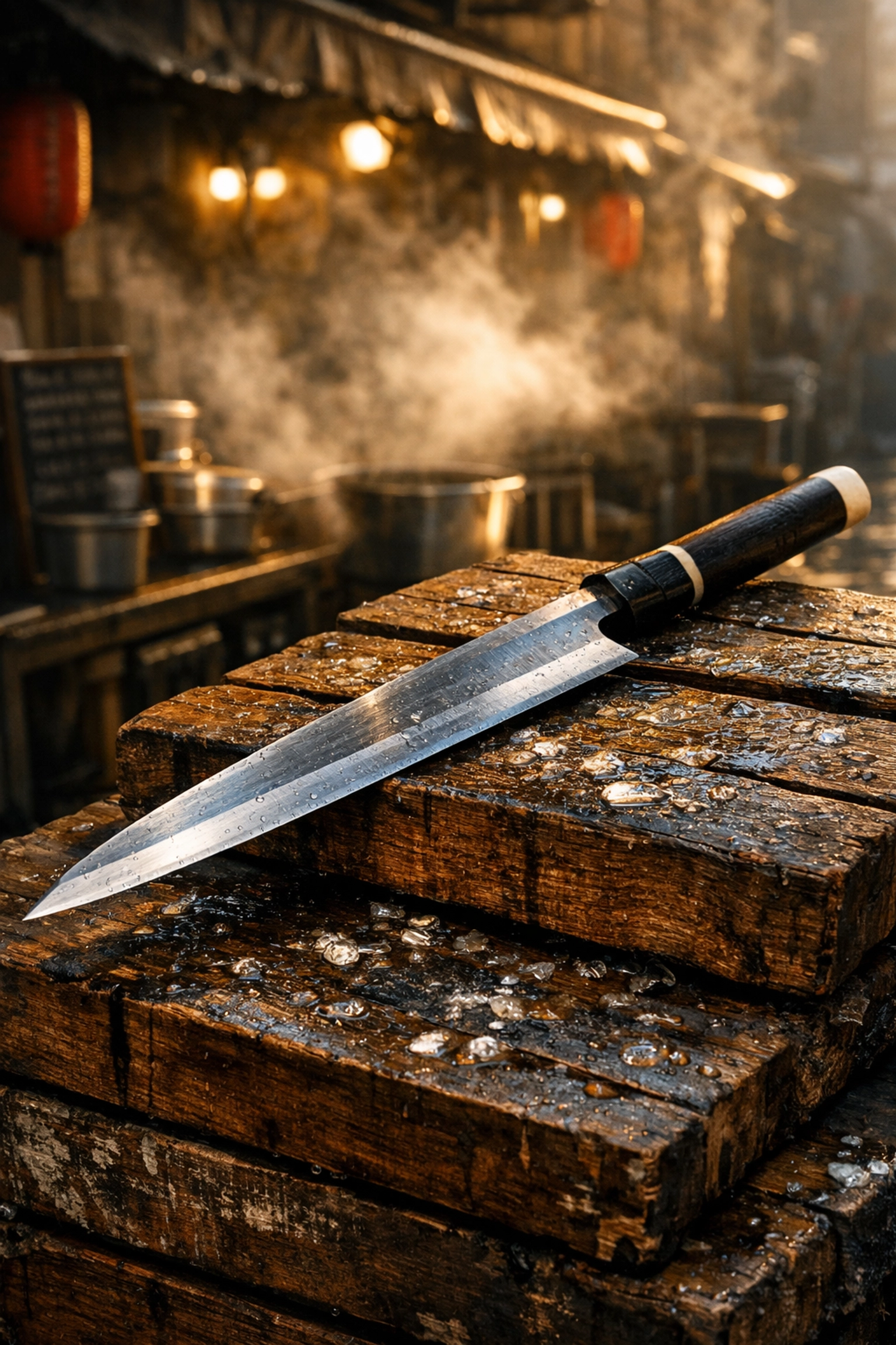 A traditional Japanese tuna knife on wooden crates at Tsukiji Outer Market, highlighting food photography details.