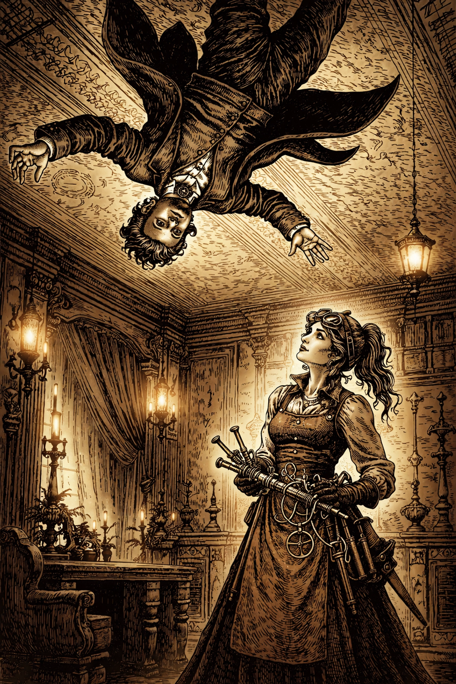 A Victorian man floats upside down as a Gravity-Fixer looks on, illustrating social-class-based gravity in this gaslamp fantasy story.