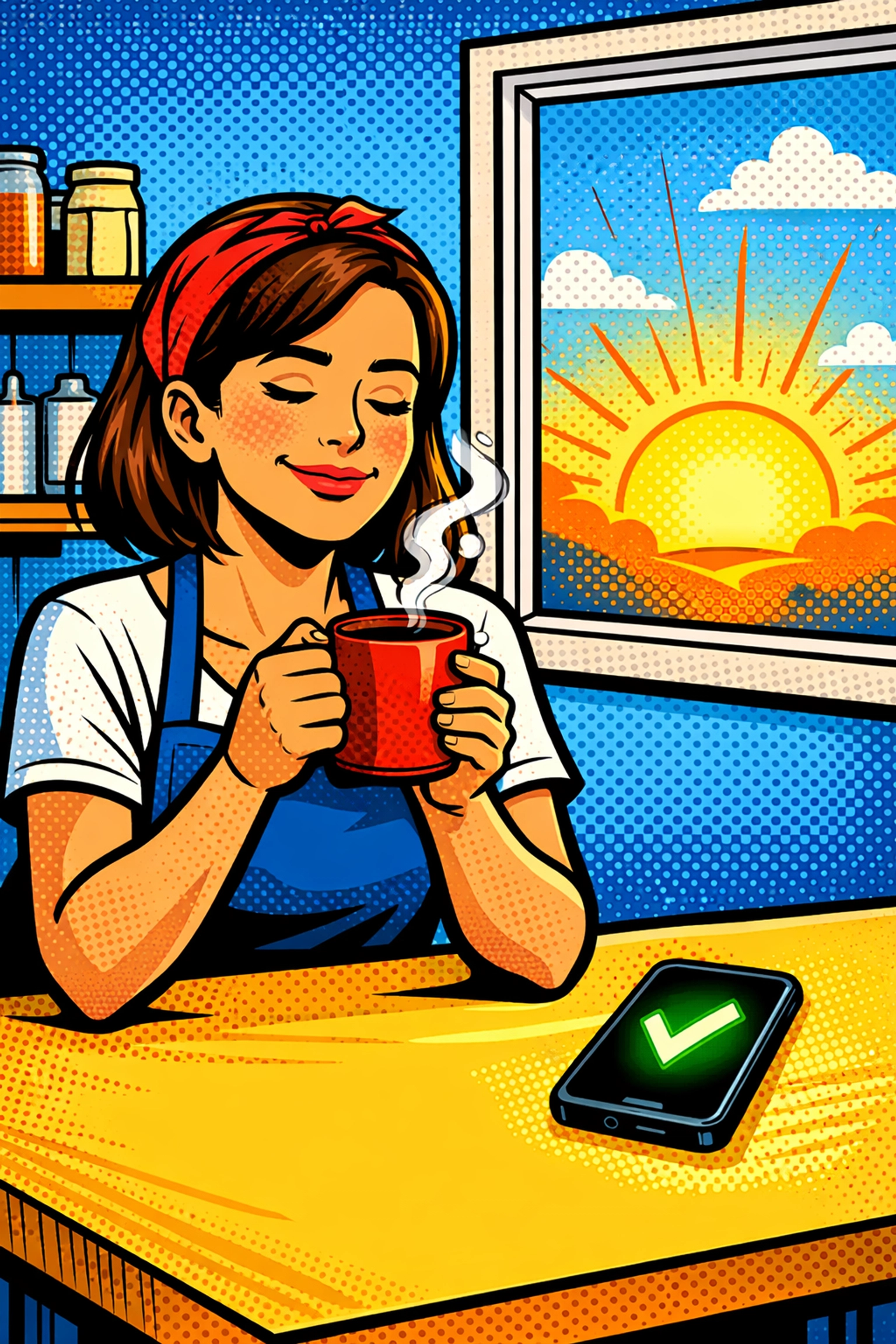 Small business owner relaxed at breakfast after using AI automation to save time.