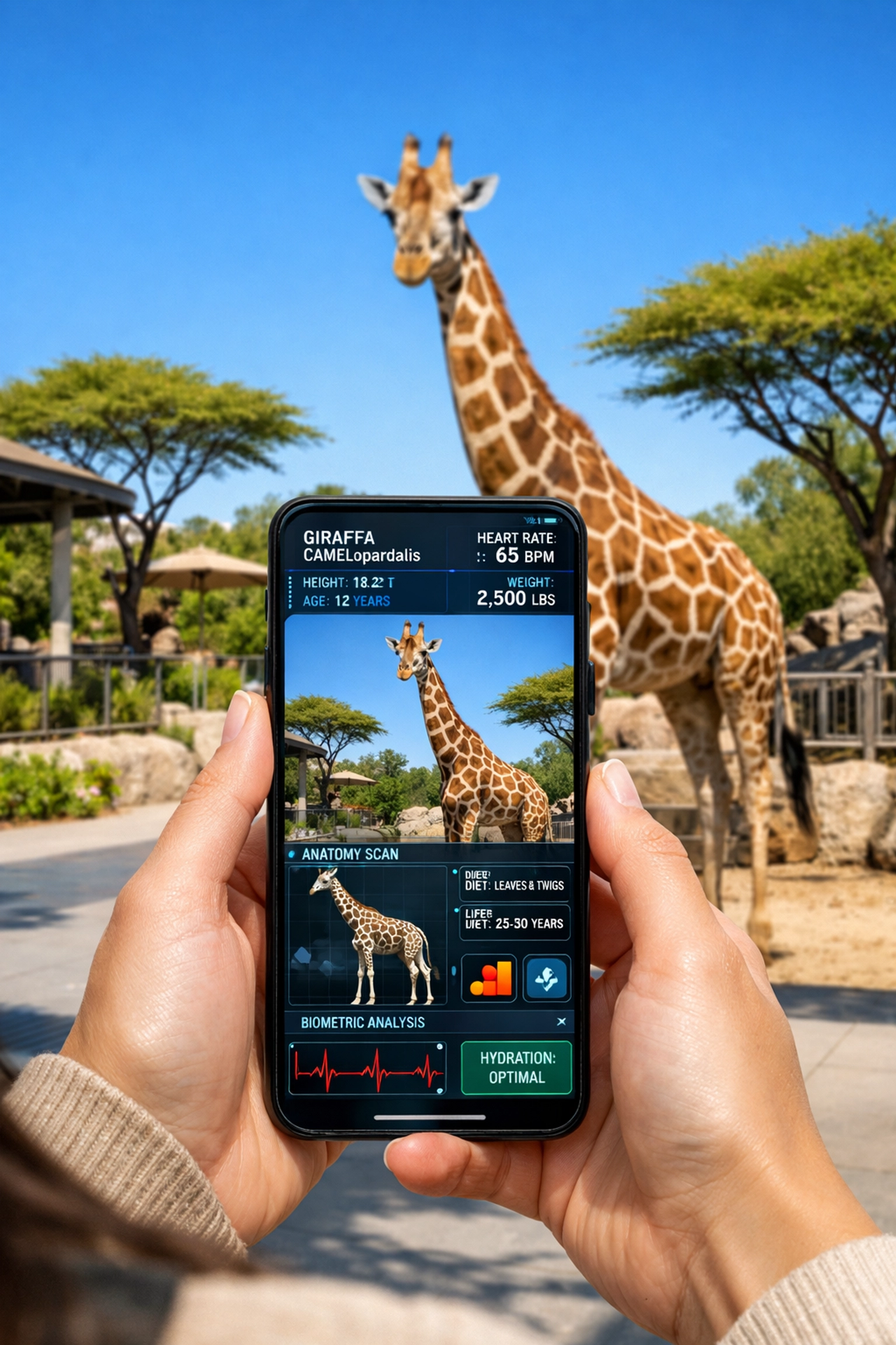 Zoo visitor using a mobile app at a giraffe exhibit for interactive digital conservation storytelling.