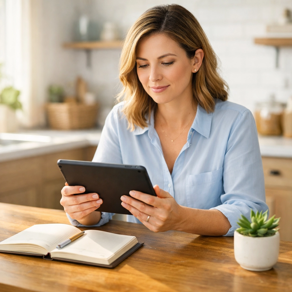 Femme sereine gérant ses finances et demandant un crédit rapide en ligne au Québec.