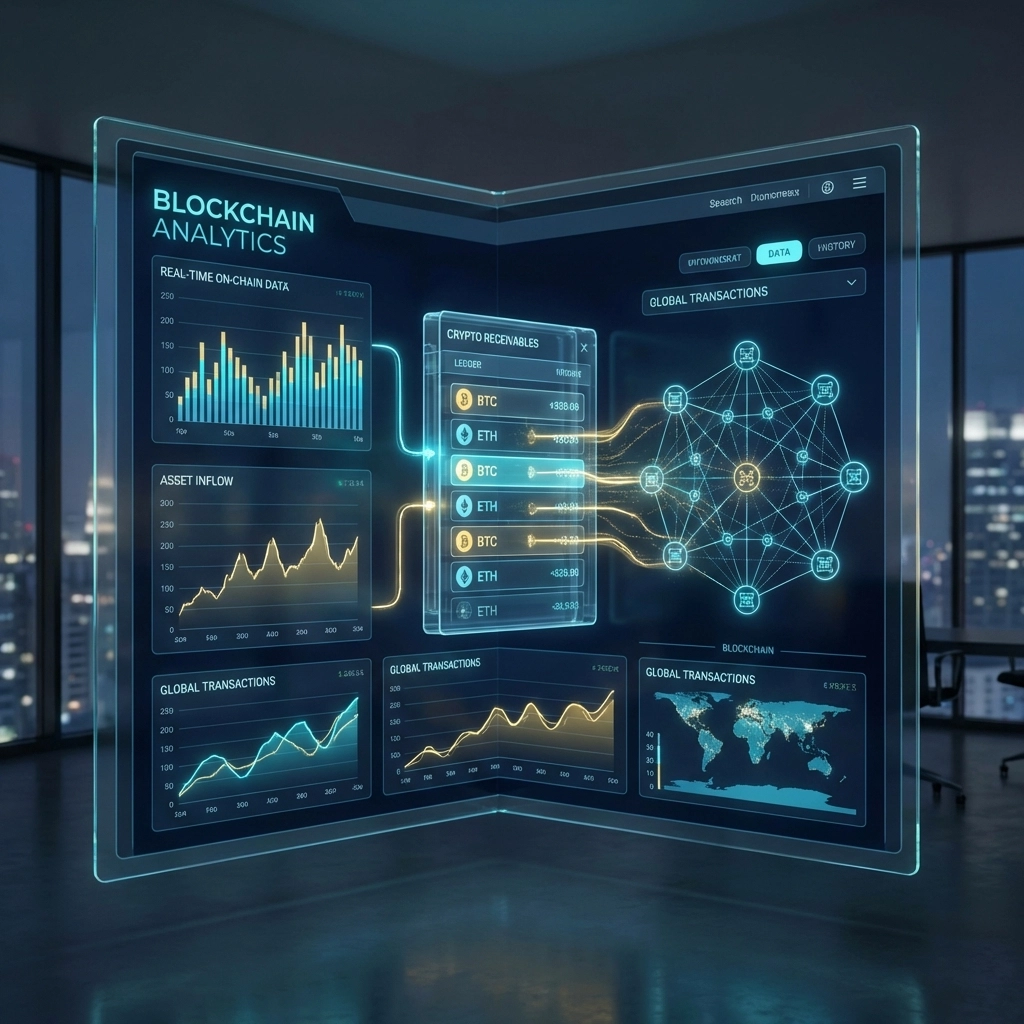 Futuristic dashboard displaying blockchain receivables and crypto payment analytics for Larecoin processing.