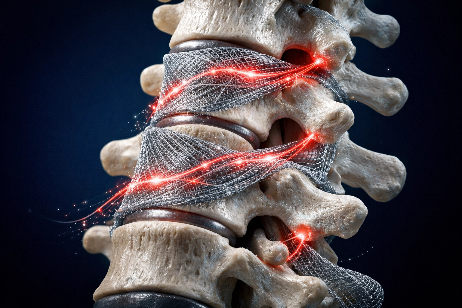 Illustration of a human spine being repaired by medical technology, representing divine healing and restoration.