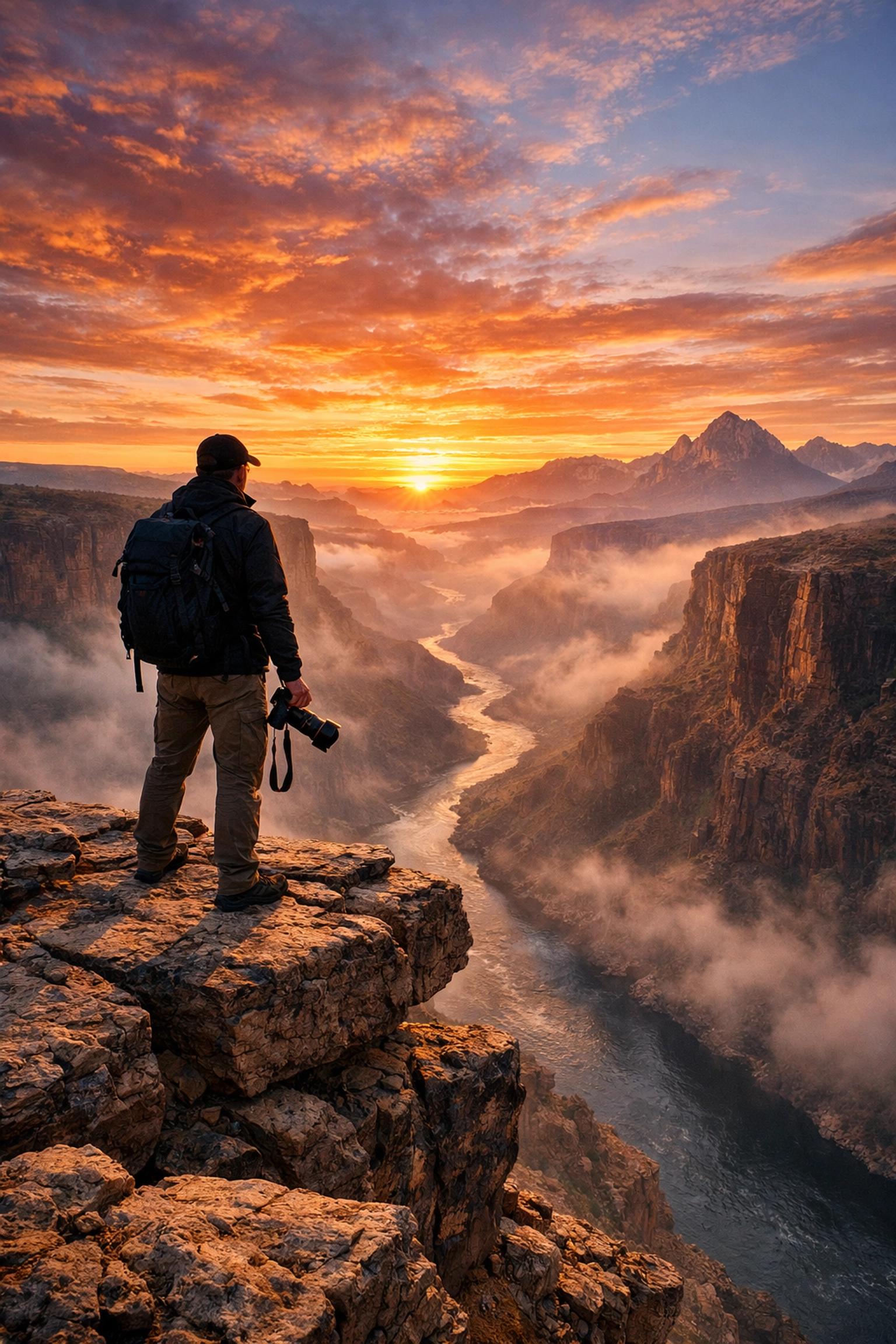 Landscape photographer capturing a sunrise on a cliff to build a future-proof photography career.