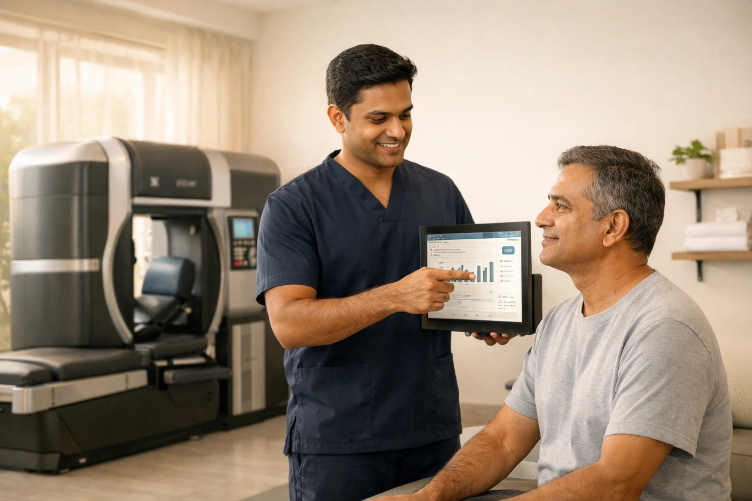 Physiotherapist in Kochi reviewing non-surgical spine treatment progress with a patient in a modern clinic.