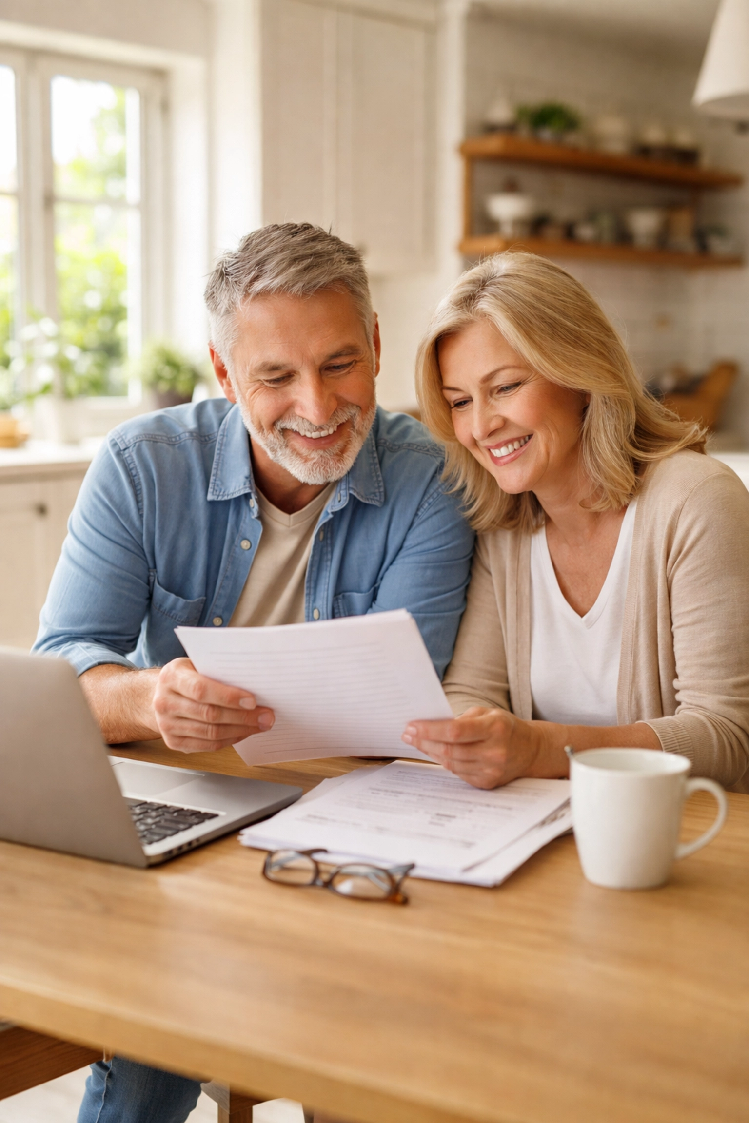South Jersey couple reviewing Sell & Stay home equity paperwork in a bright kitchen South Jersey couple reviewing Sell & Stay home equity paperwork in a bright kitchen