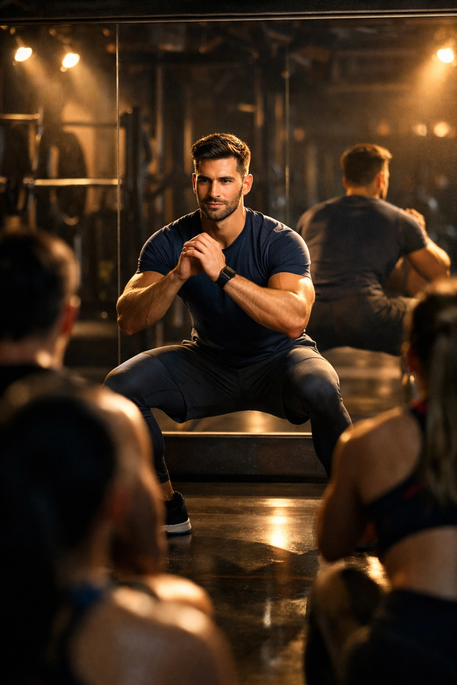 Male fitness instructor leading group exercise class demonstrating proper squat form