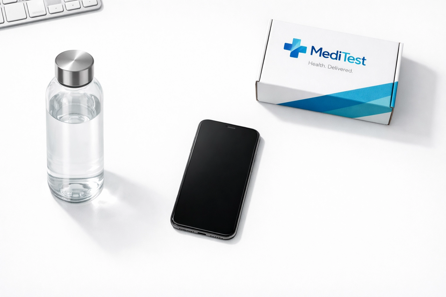 Modern wellness desk with a medical shipping box representing transparent pricing for weight loss medication.