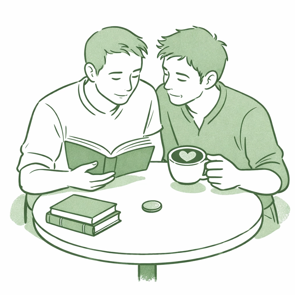 Two gay men at café sharing books symbolizing direct reader support for LGBTQ+ authors
