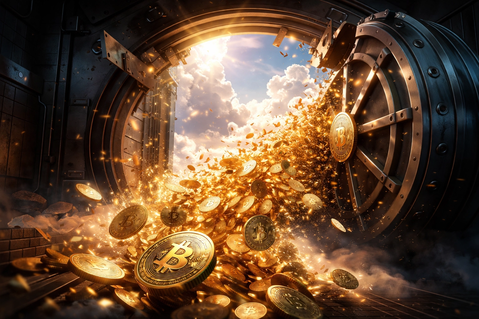 A vault door bursts open releasing golden crypto coins, representing breaking free from custodial payment control.