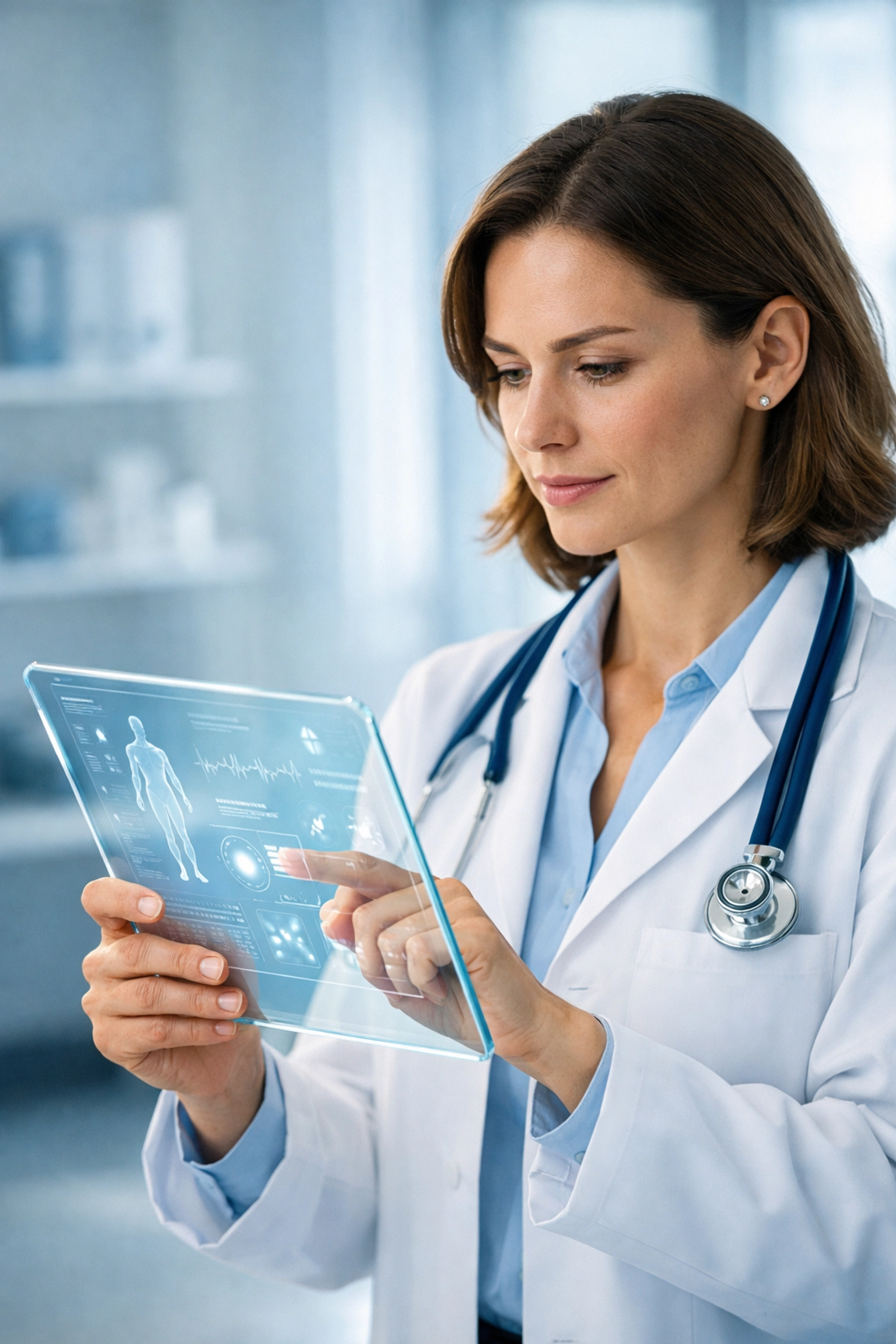 Physician using clinical documentation improvement software on a tablet for Medicare compliance.