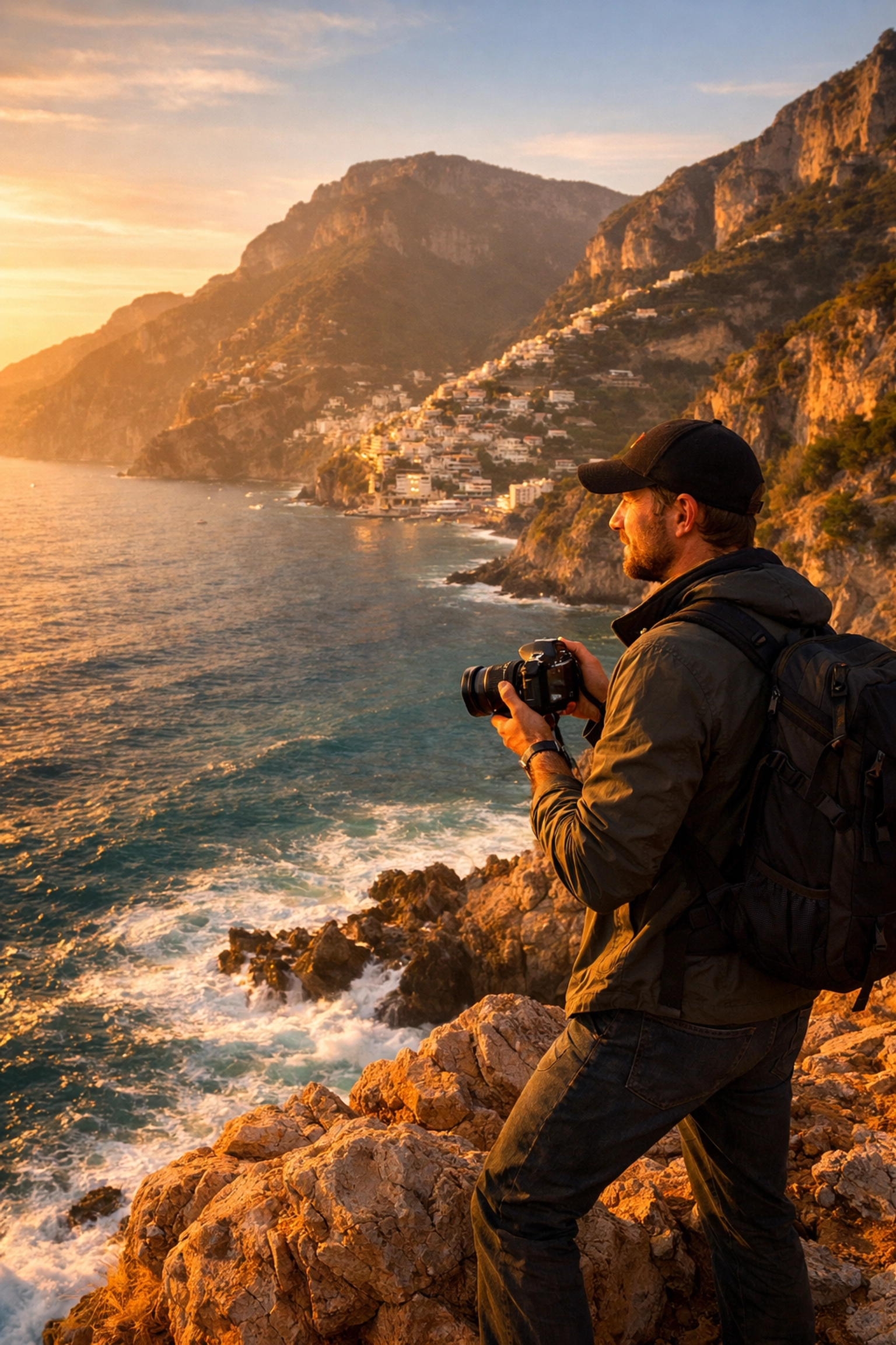 Photographer on a cliff in Amalfi Coast capturing travel photography content for a professional portfolio.