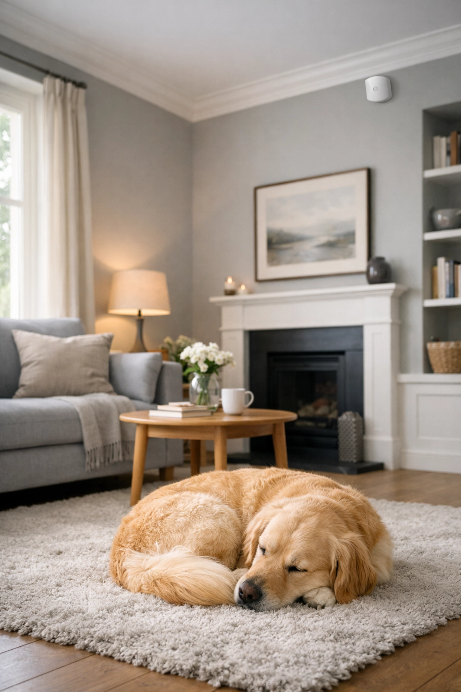 Pet-friendly PIR sensor for home security systems in a contemporary living room.