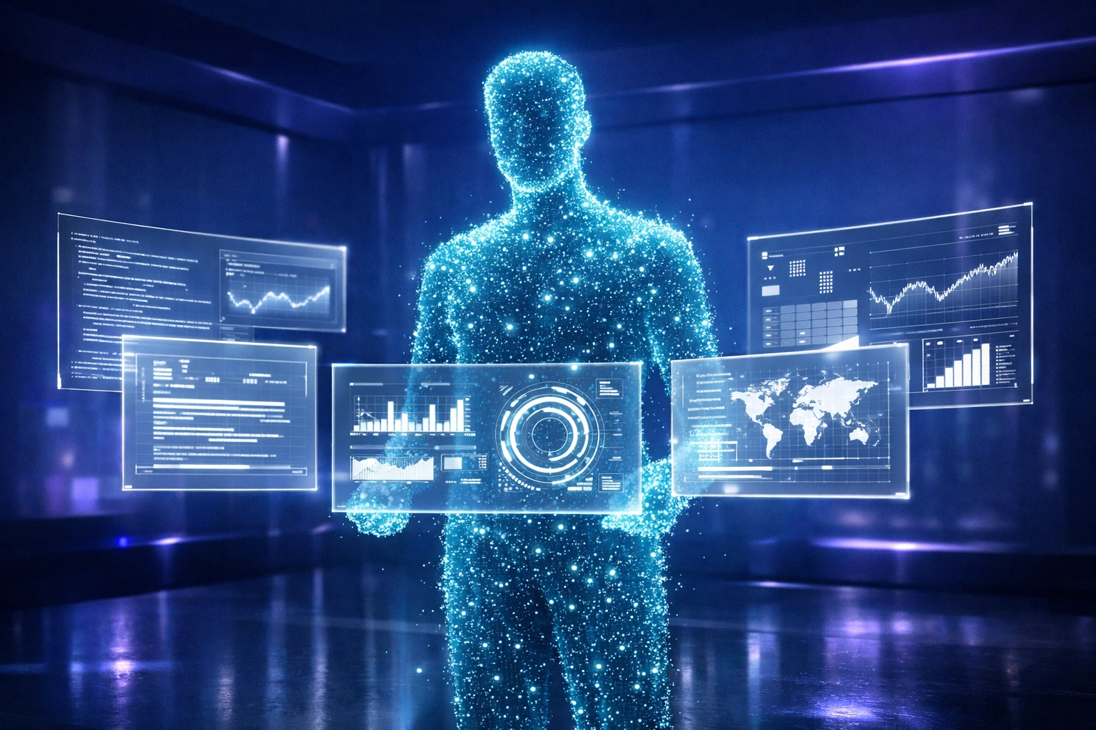 A digital AI concierge organizing holographic real estate data to streamline agent CRM and inbox management.