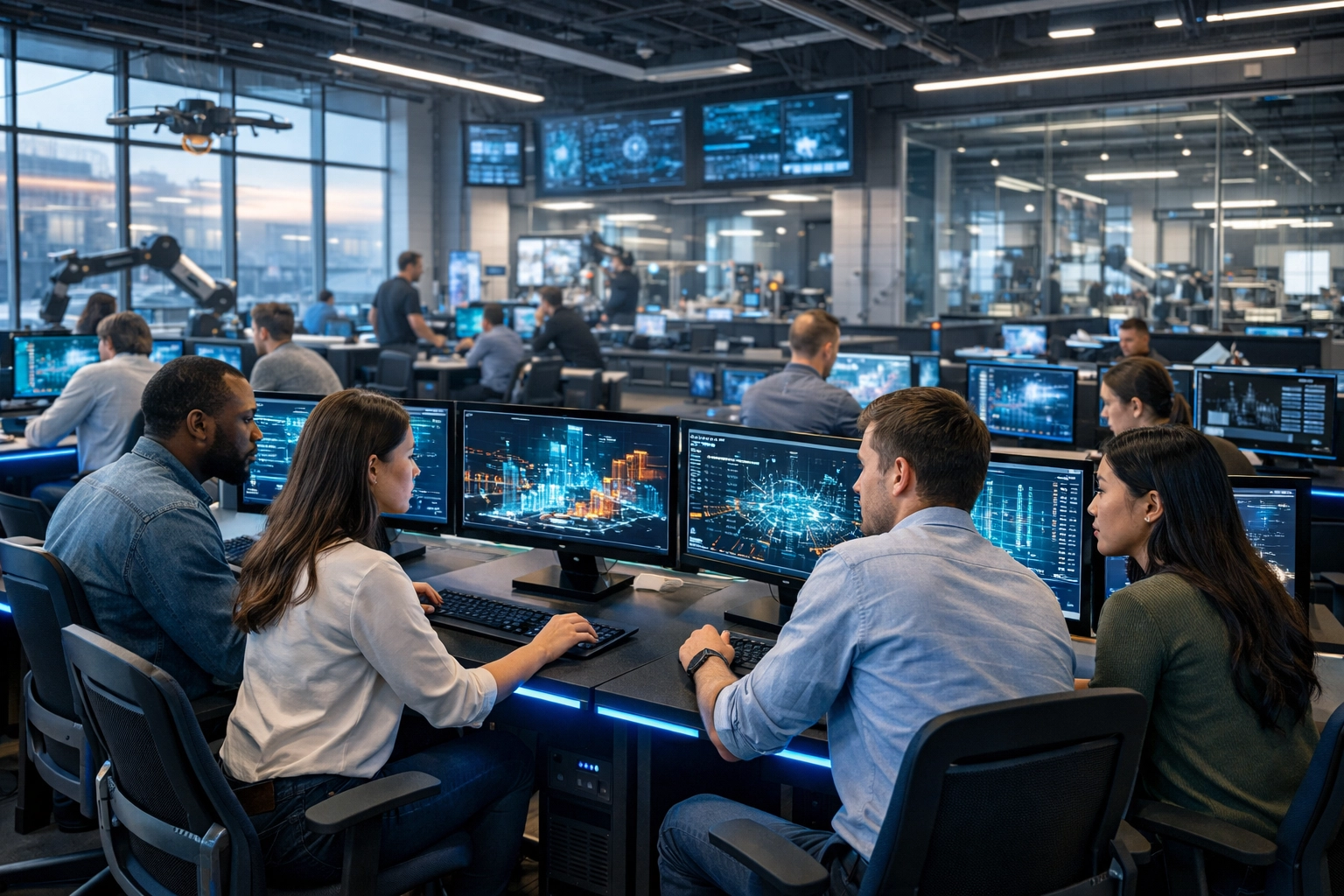 Professionals collaborating in a modern technical training hub to build cloud and AI literacy skills.