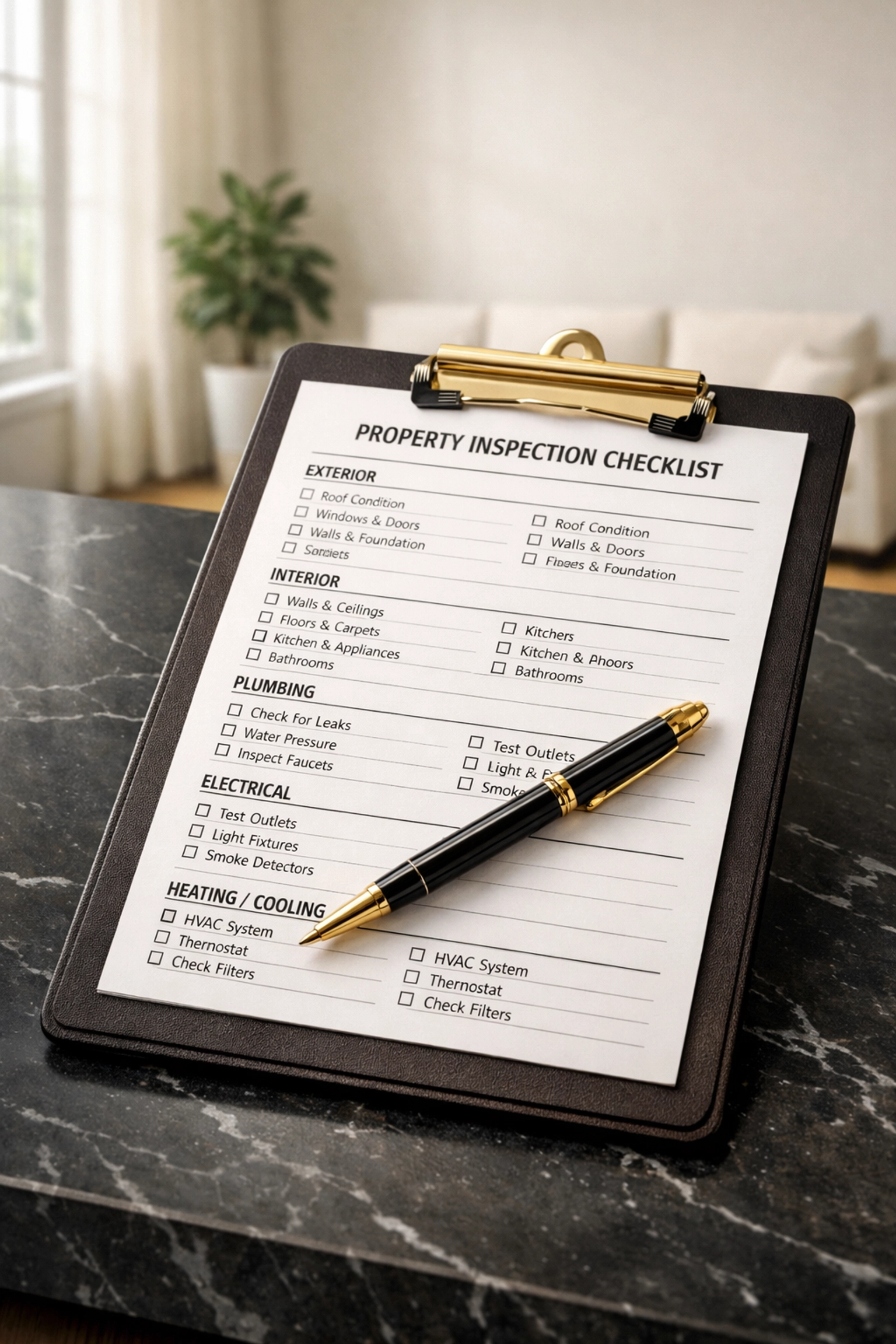 Property inspection checklist and pen for professional check-in report preparation