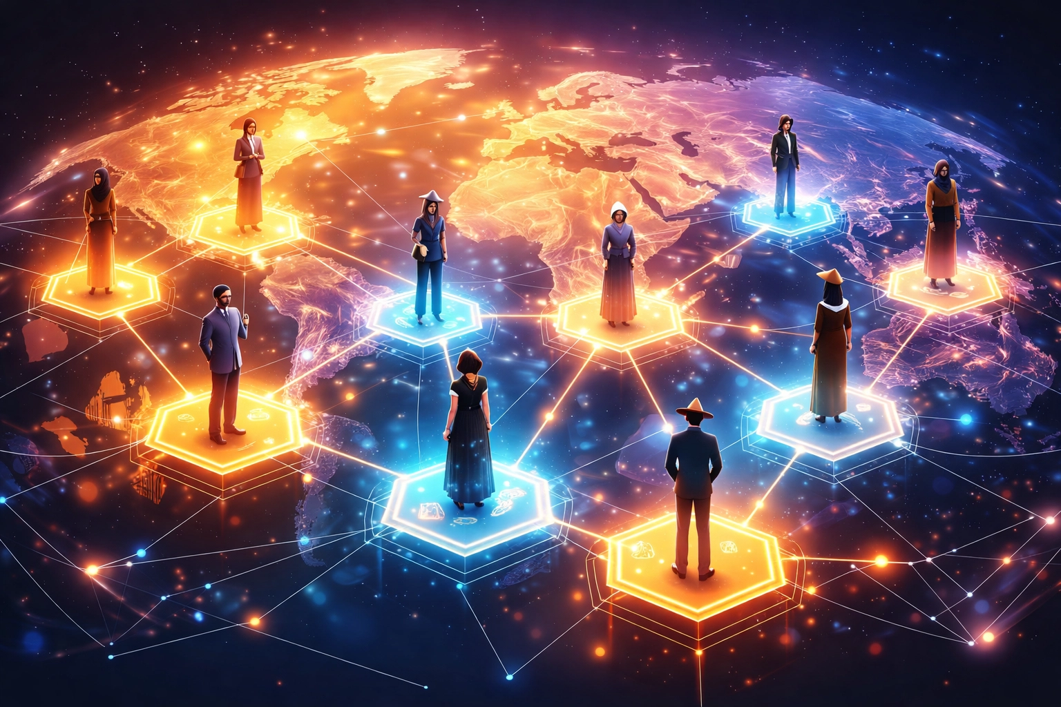 Global merchant community connected through decentralized payment networks across multiple regions
