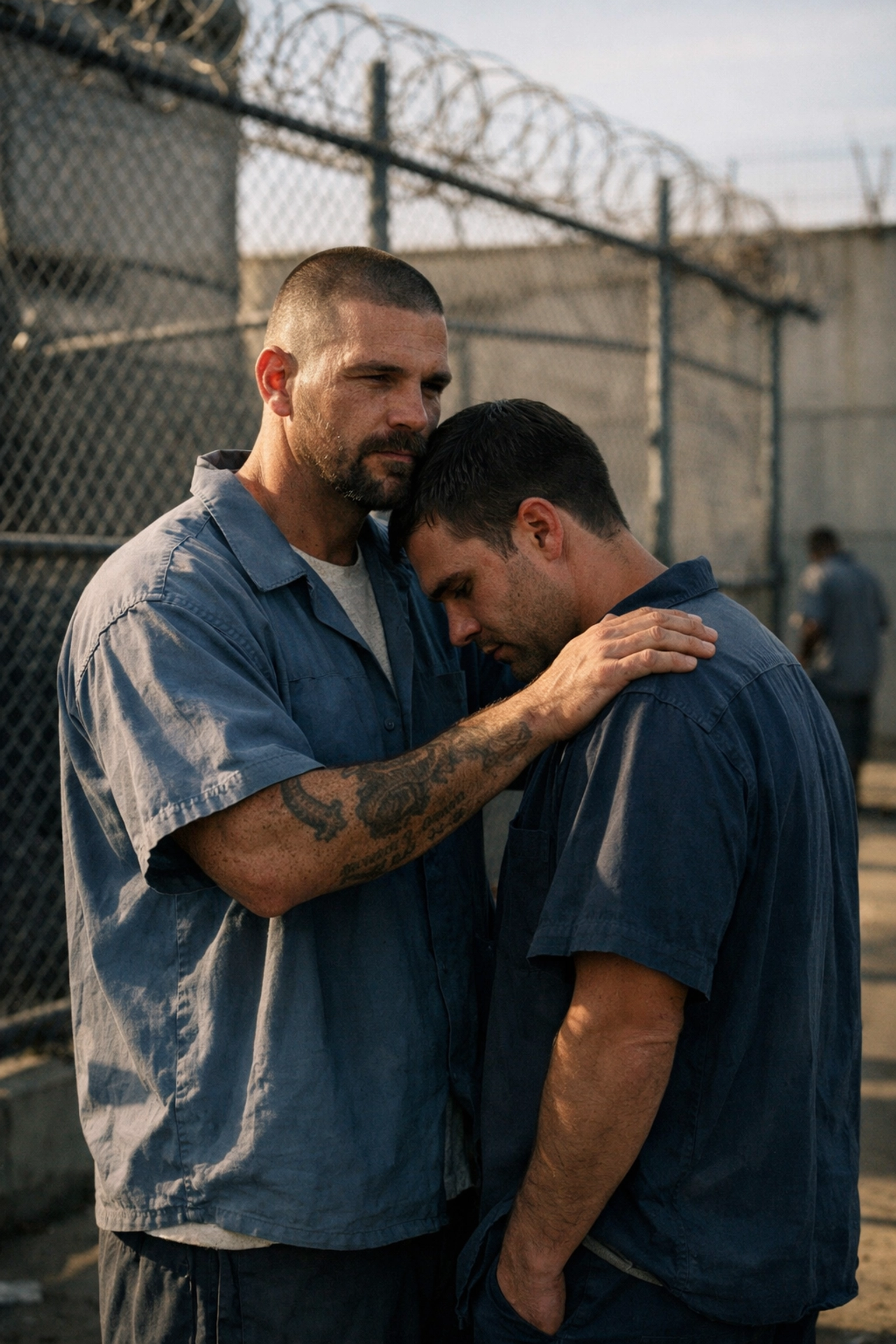 Two gay men in prison yard showing protective bond and intimate connection